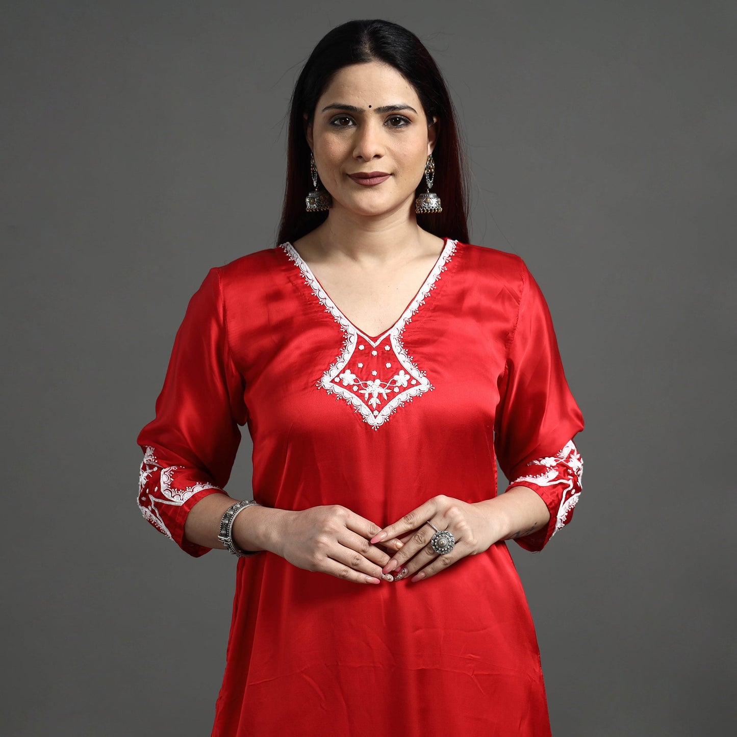 Buy Navy Blue Modal Silk Hand Embroidered Long Kurta l iTokri.com