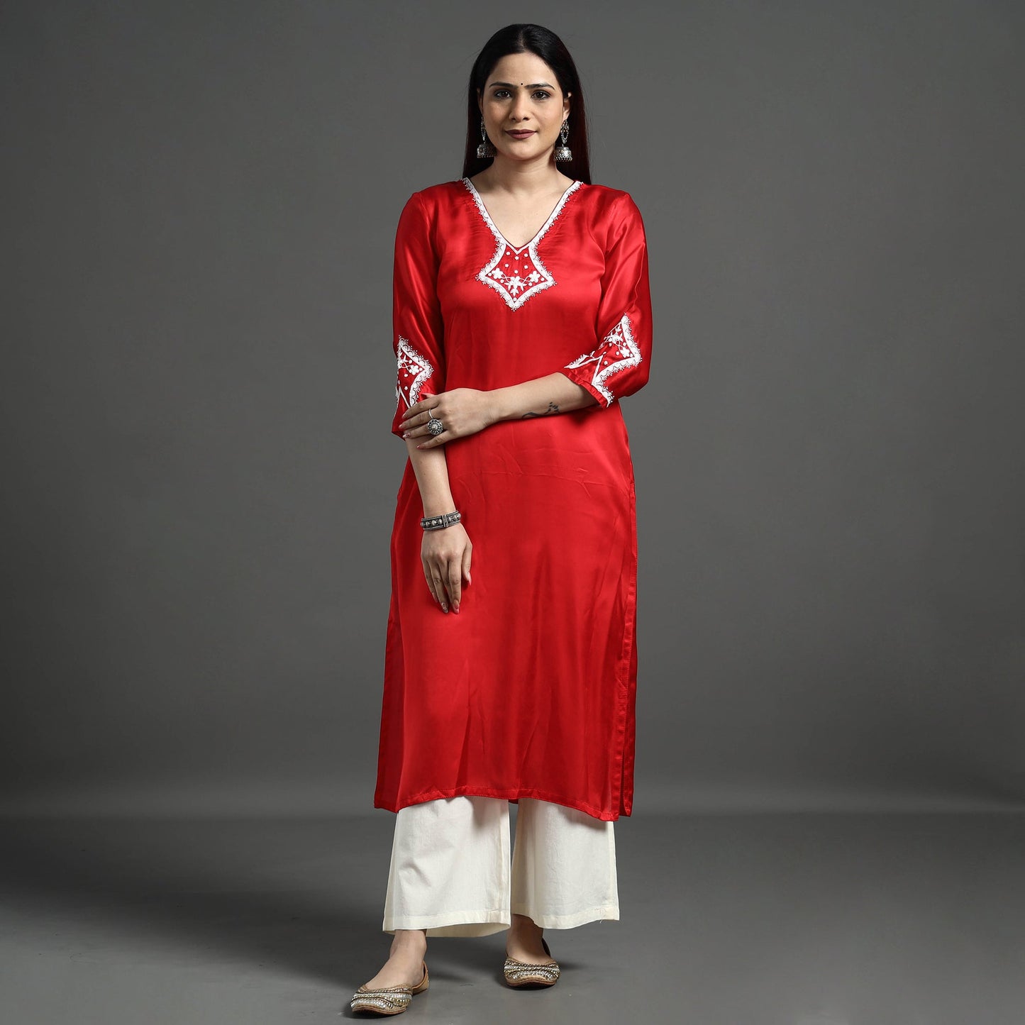 Buy Navy Blue Modal Silk Hand Embroidered Long Kurta l iTokri.com