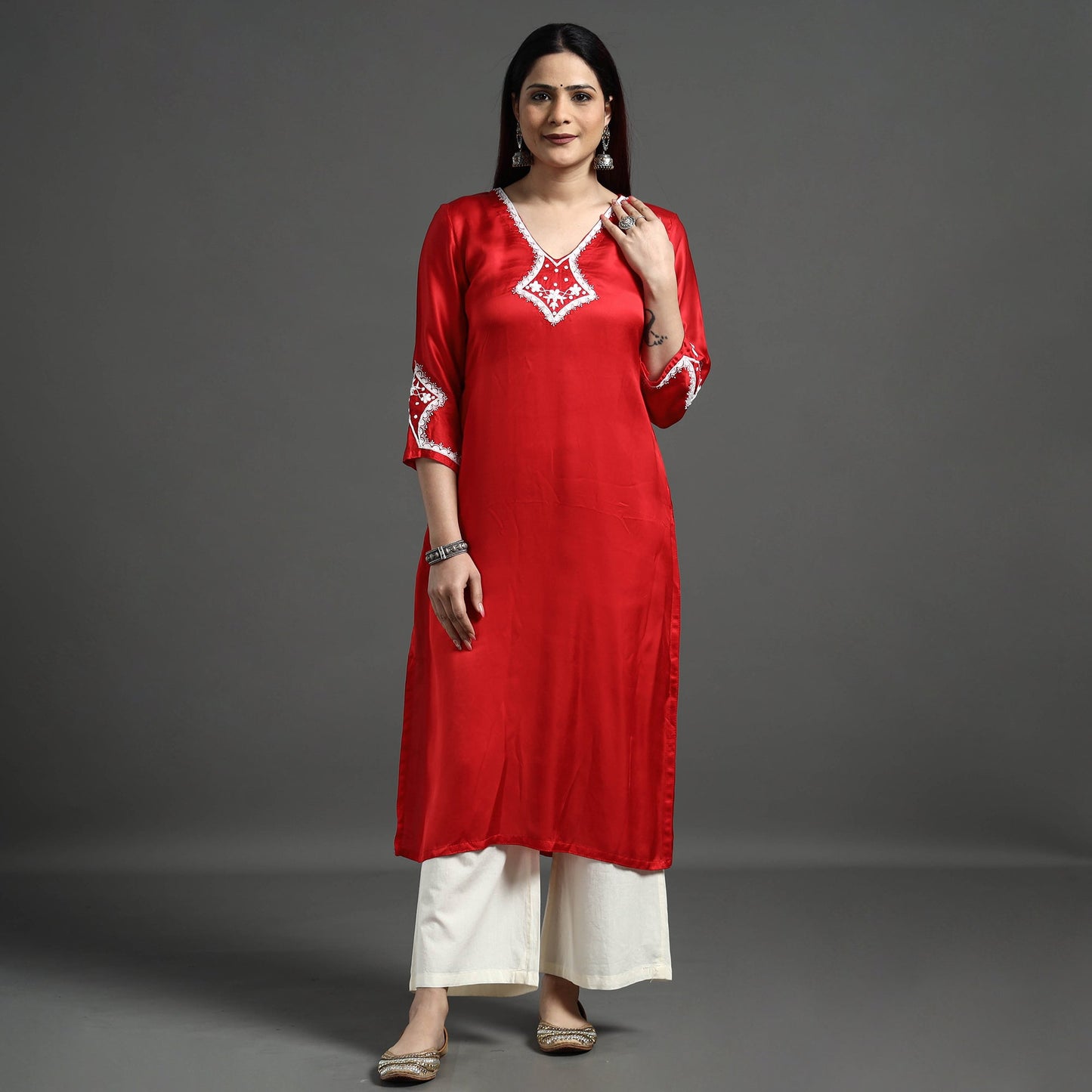 Buy Navy Blue Modal Silk Hand Embroidered Long Kurta l iTokri.com