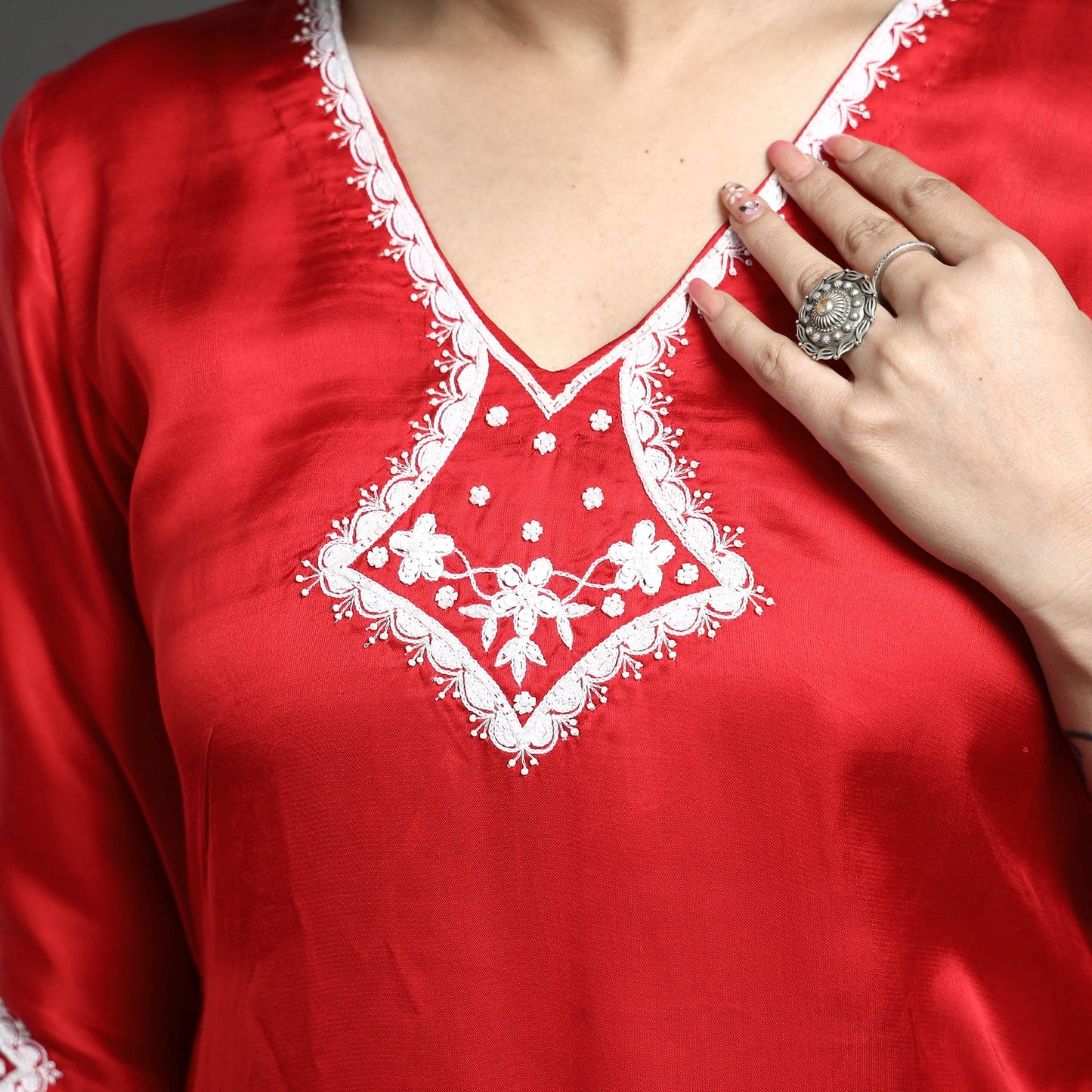Buy Navy Blue Modal Silk Hand Embroidered Long Kurta l iTokri.com