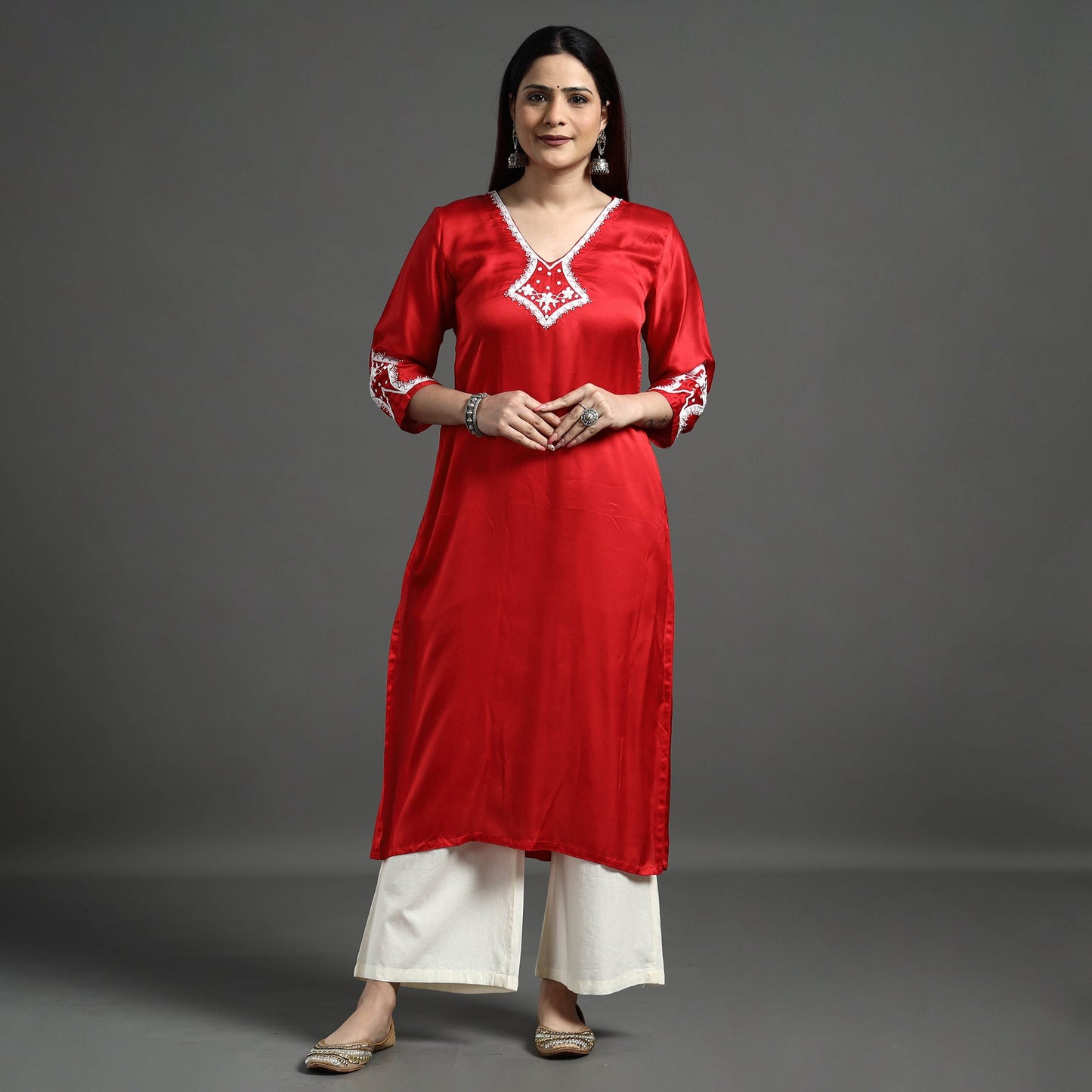 Buy Navy Blue Modal Silk Hand Embroidered Long Kurta l iTokri.com