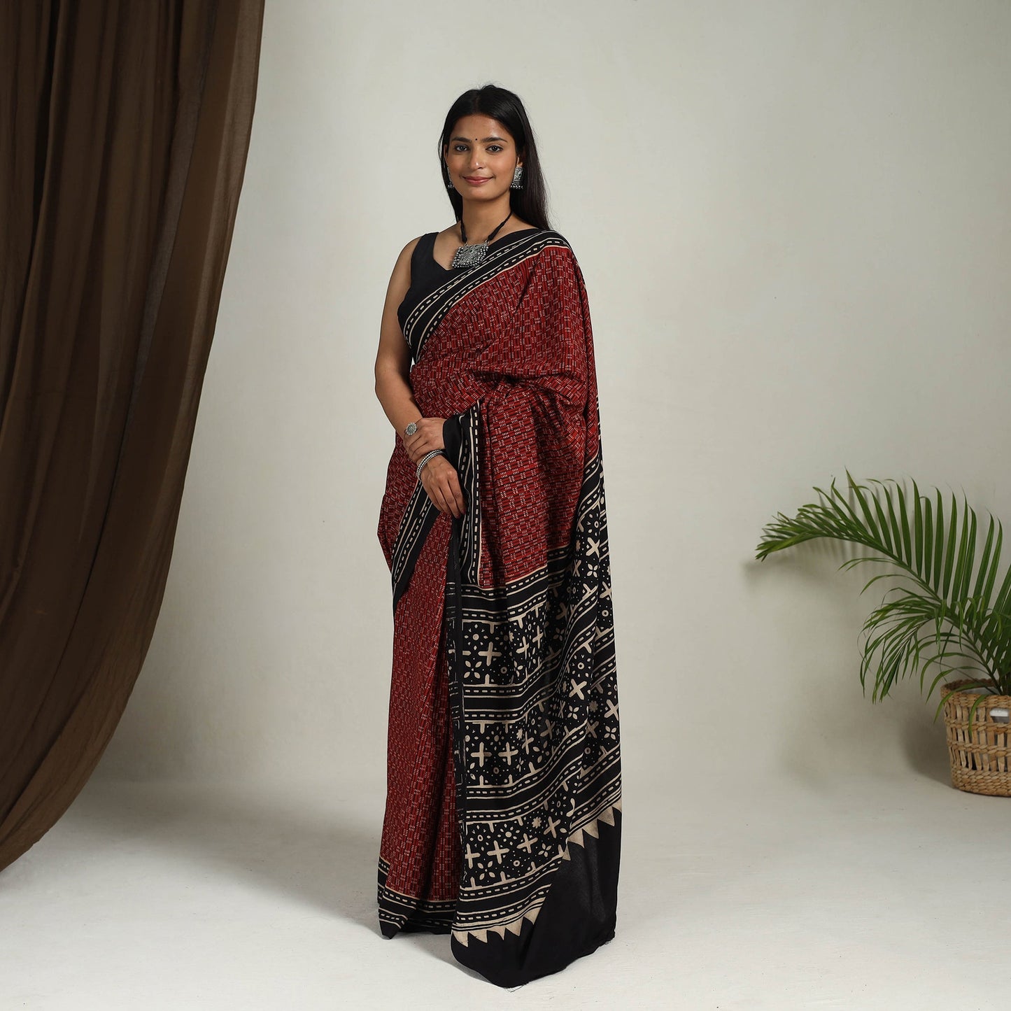 Red - Mul Cotton Block Print Ajrakh Saree 01