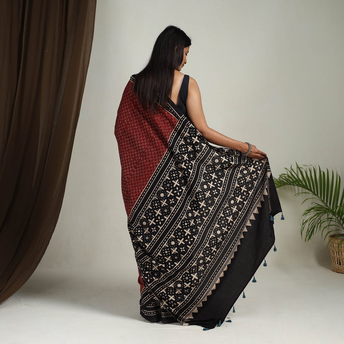 Red Mul Cotton Block Print Ajrakh Saree