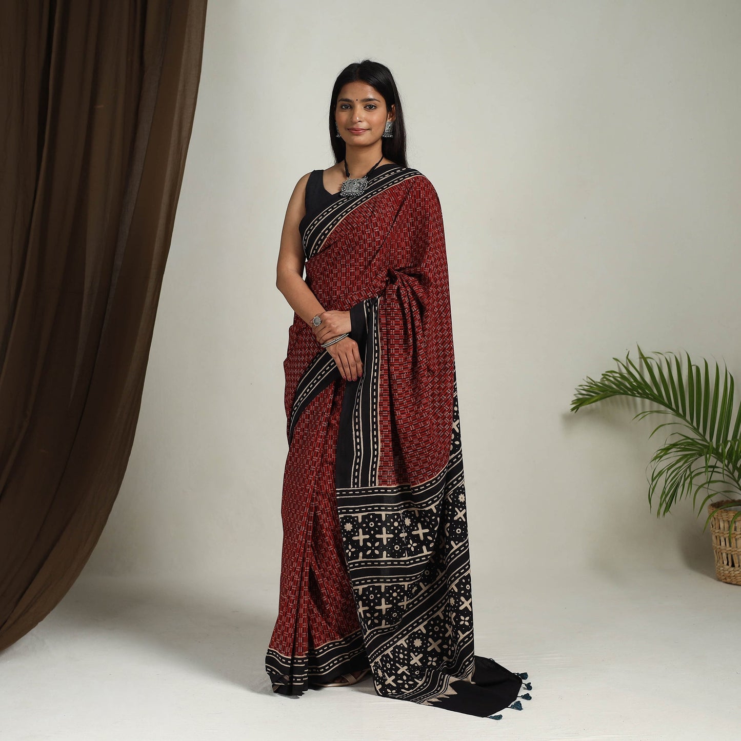 Red Mul Cotton Block Print Ajrakh Saree