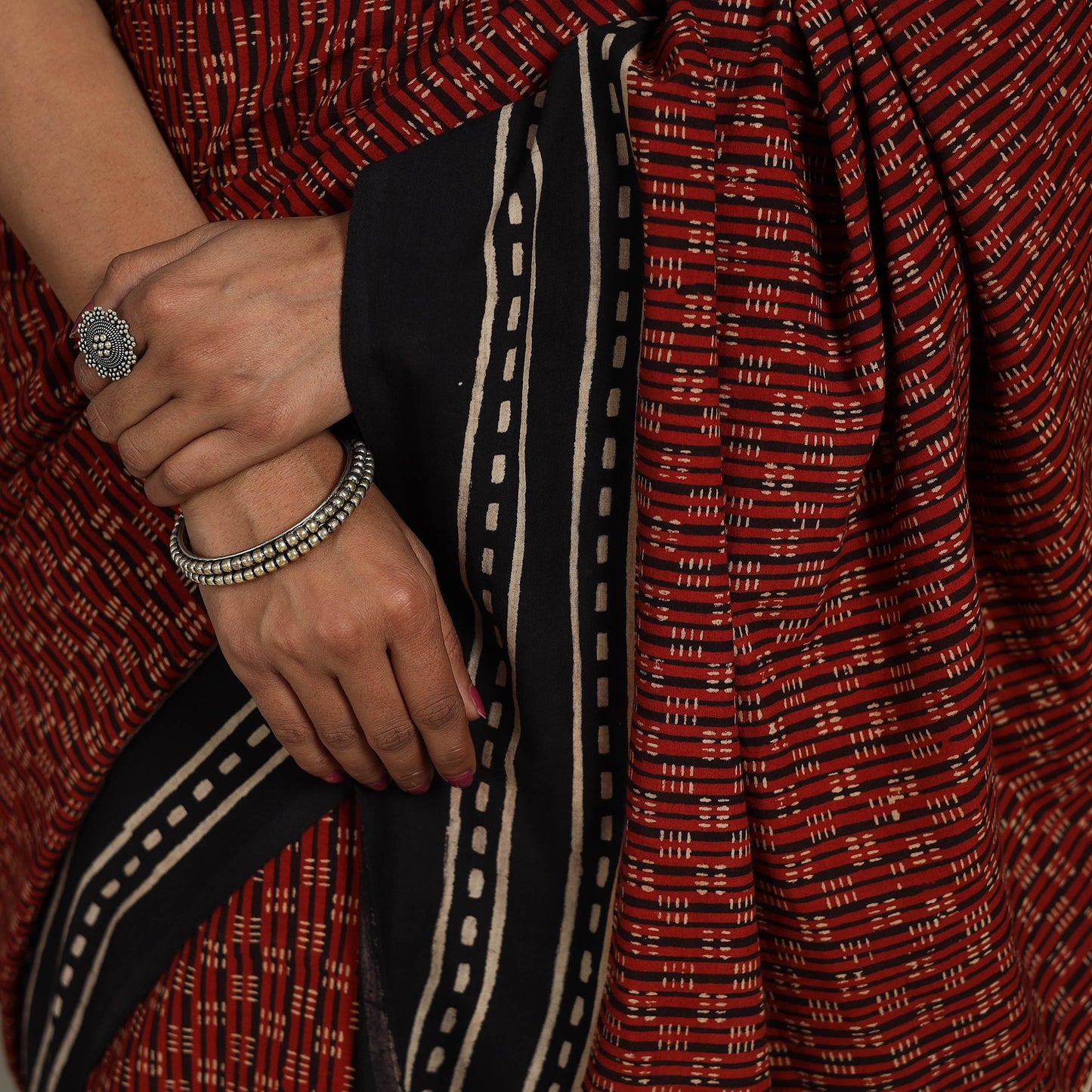 Red Mul Cotton Block Print Ajrakh Saree