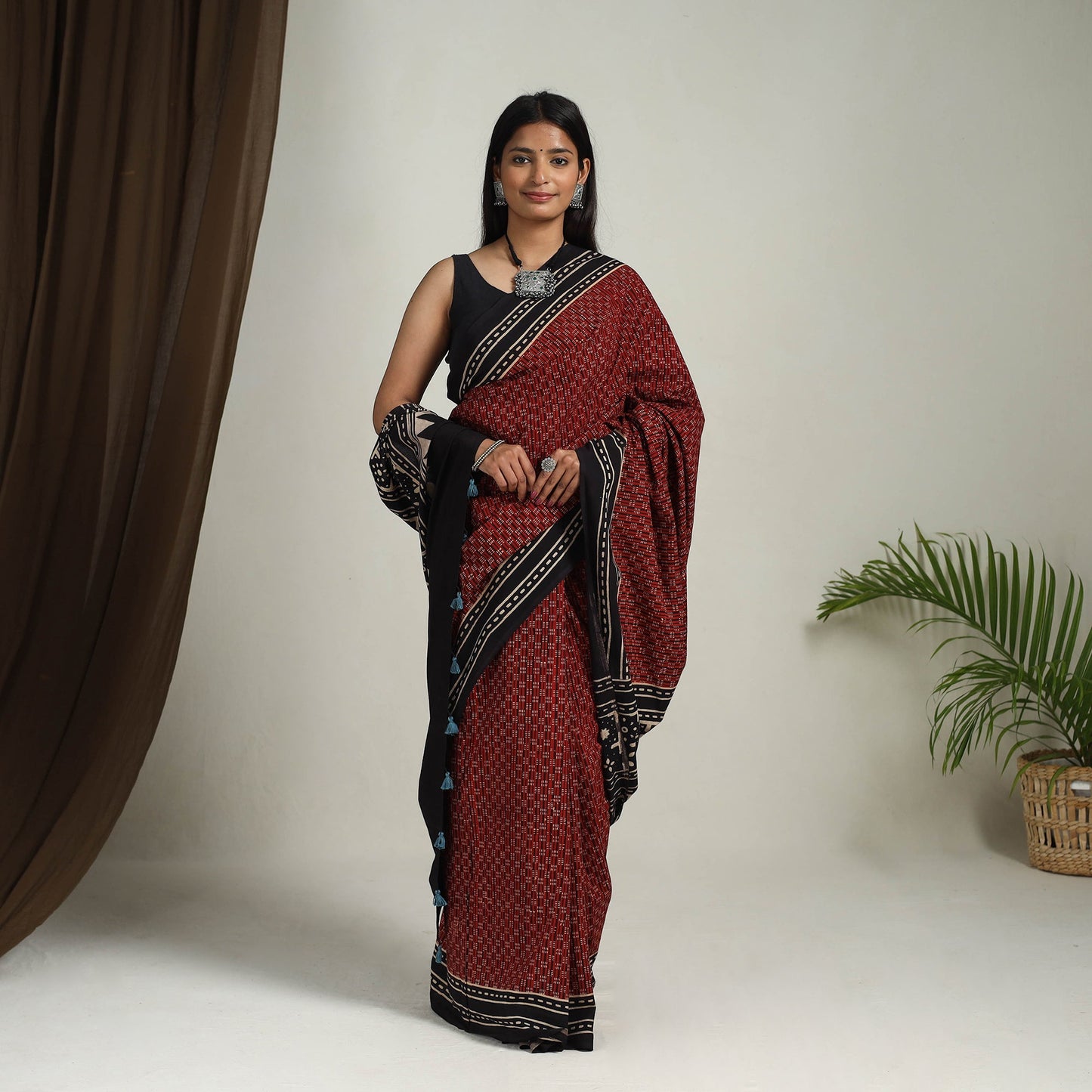 Red Mul Cotton Block Print Ajrakh Saree