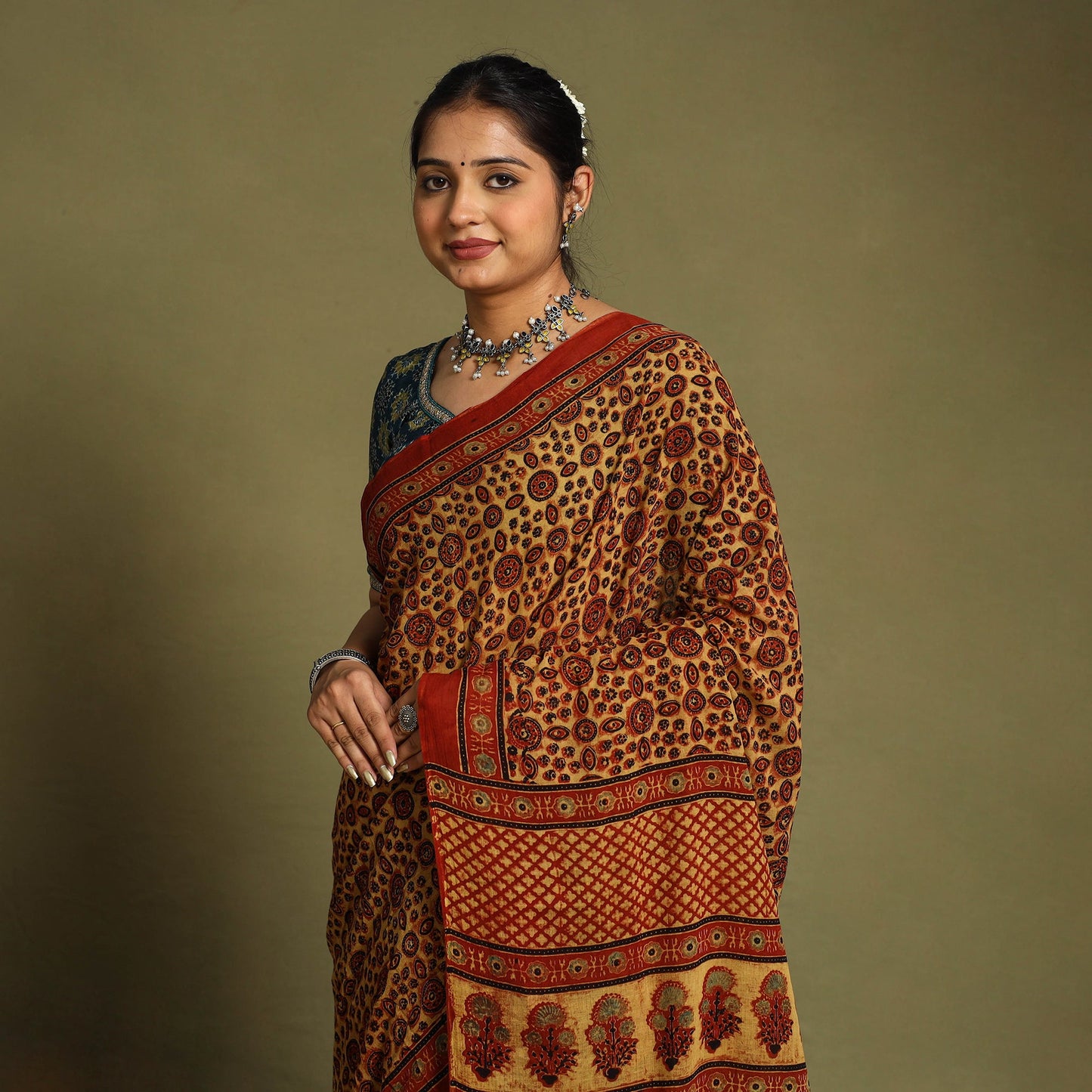 Red Mul Cotton Block Print Ajrakh Saree