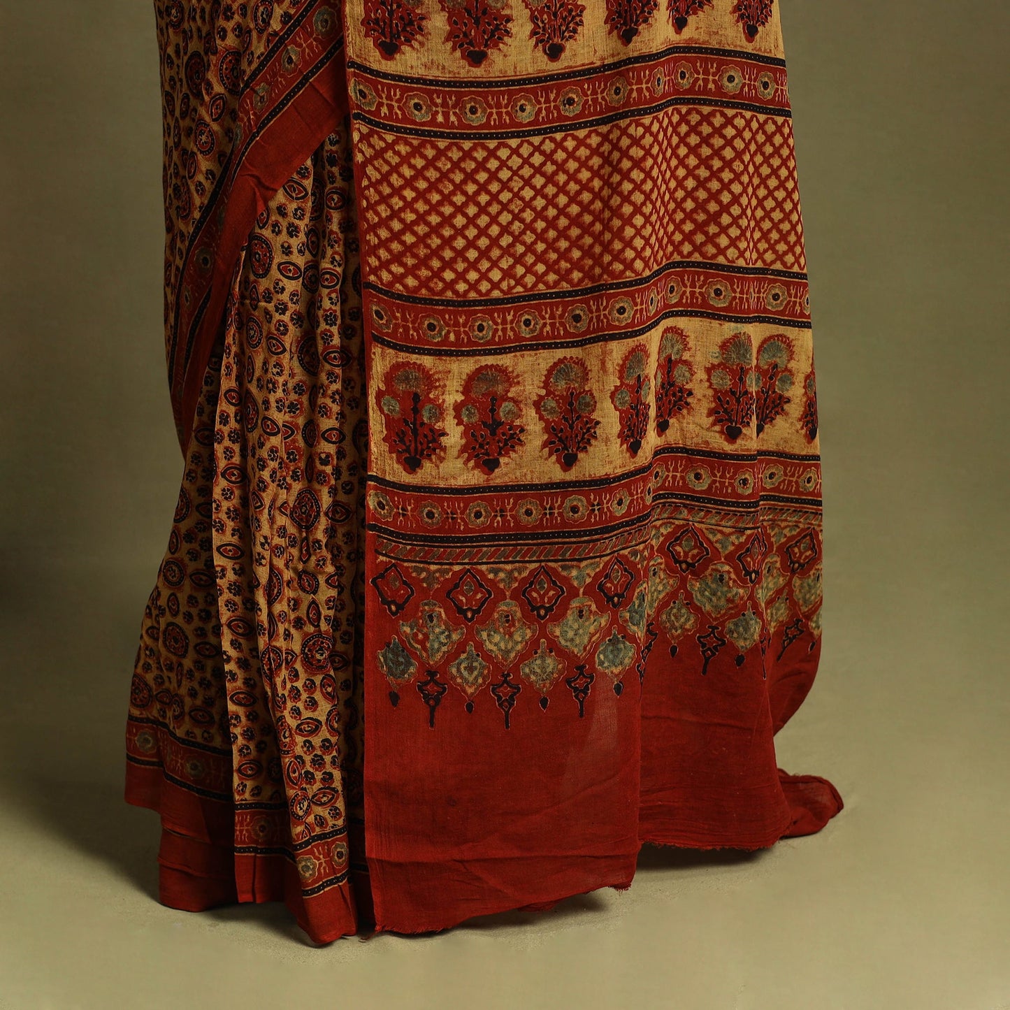 Red Mul Cotton Block Print Ajrakh Saree