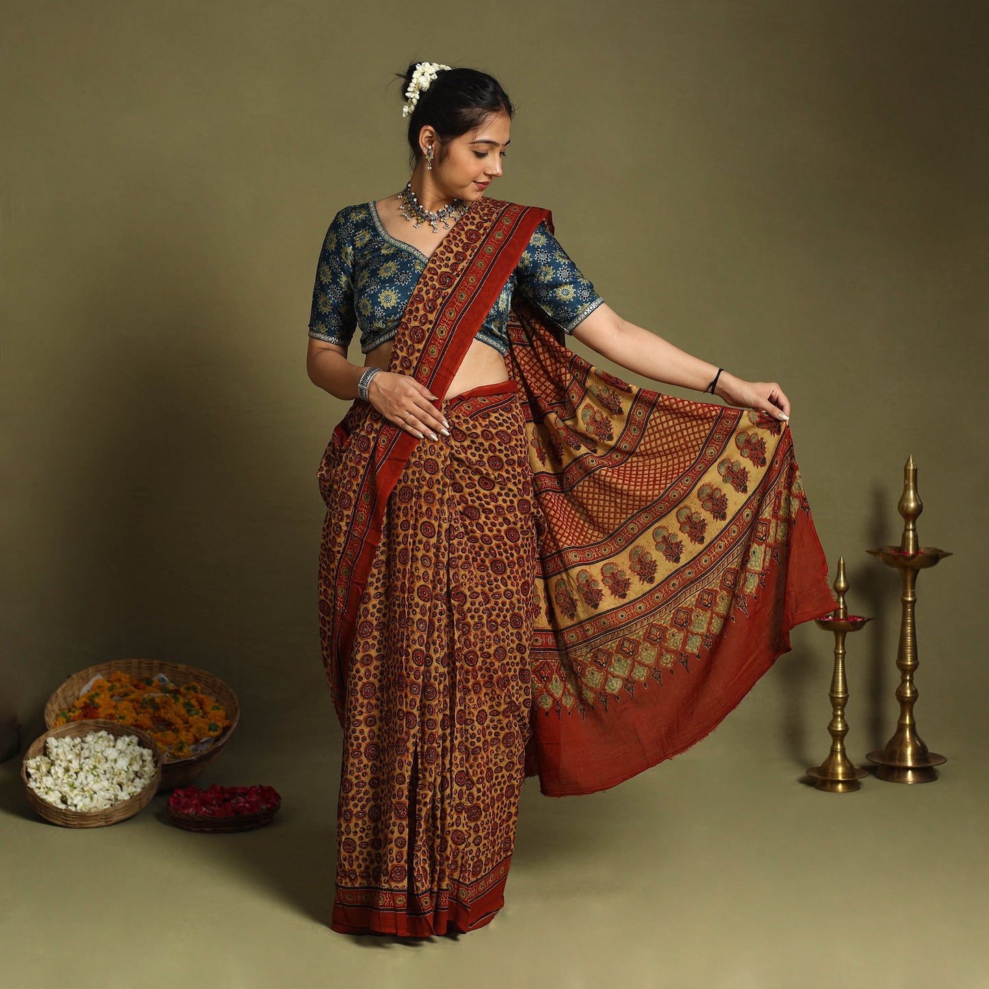 Red Mul Cotton Block Print Ajrakh Saree