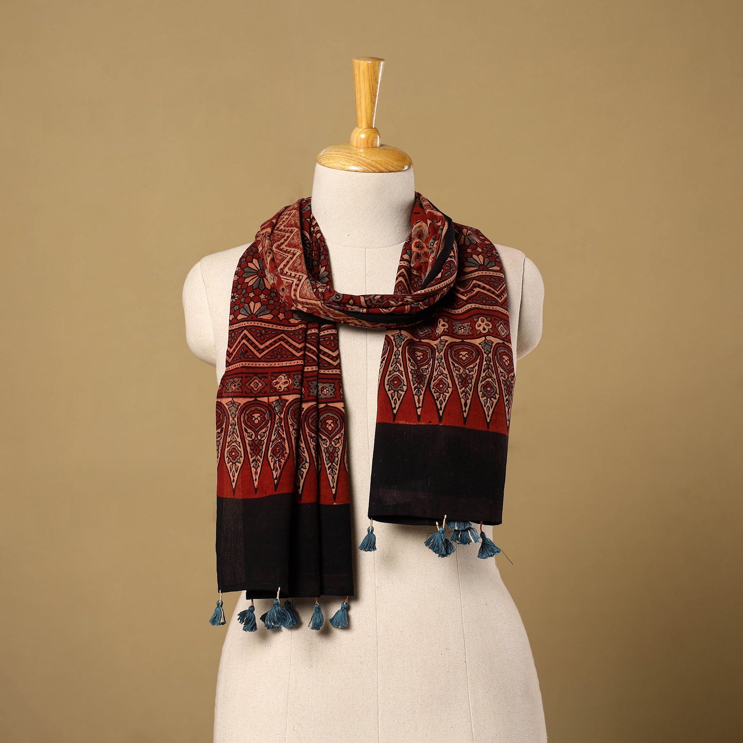 Red Mul Cotton Block Print Ajrakh Stole with Tassels