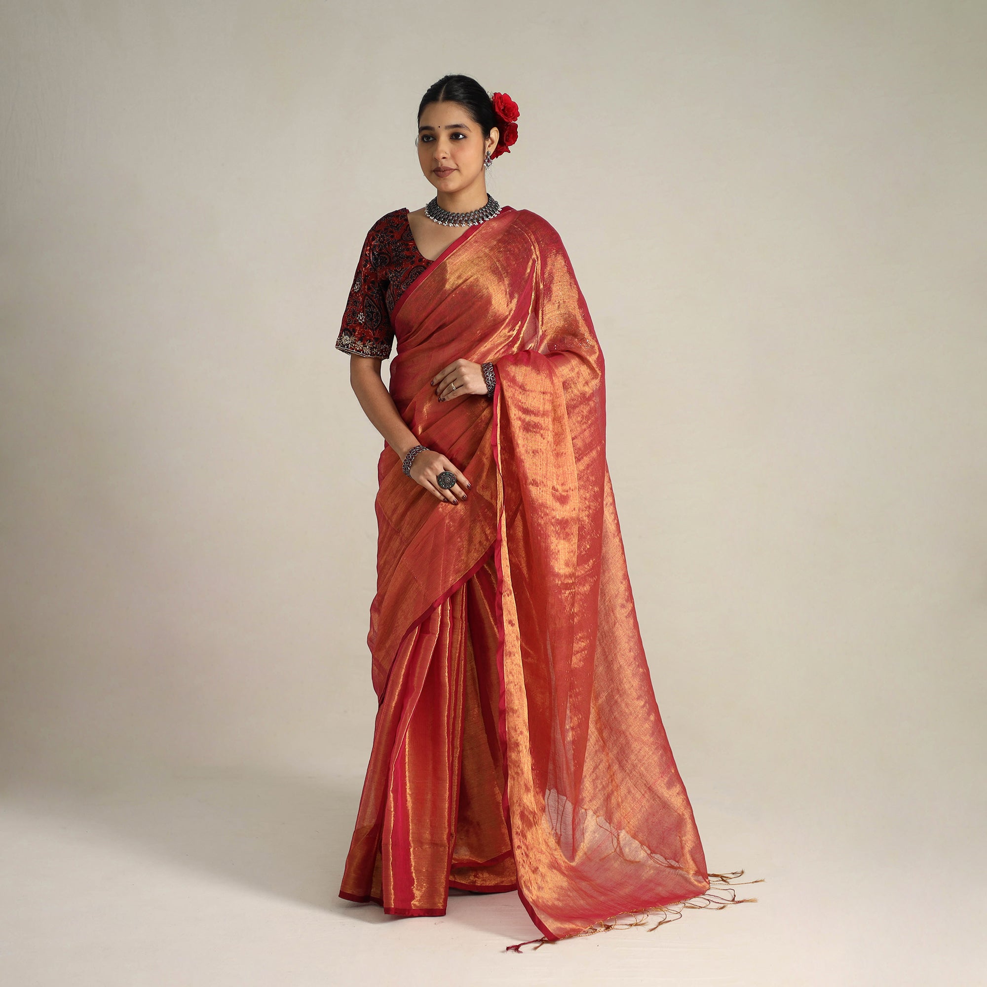 Red - Bengal Fine Tissue Zari Saree 10