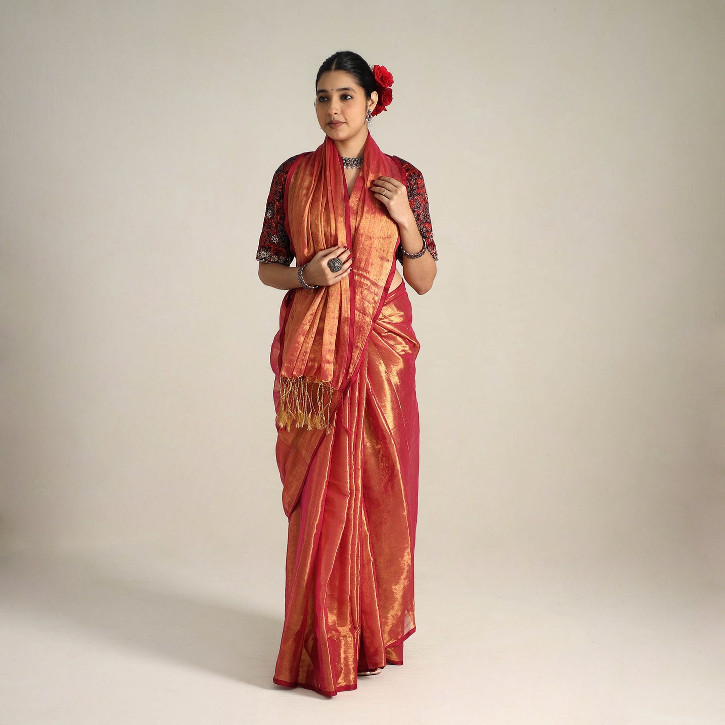 Mul Tissue Zari Red Bengal Saree with Embroidered Blouse