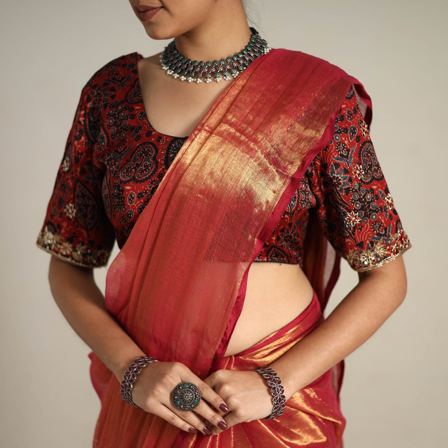Mul Tissue Zari Red Bengal Saree with Embroidered Blouse