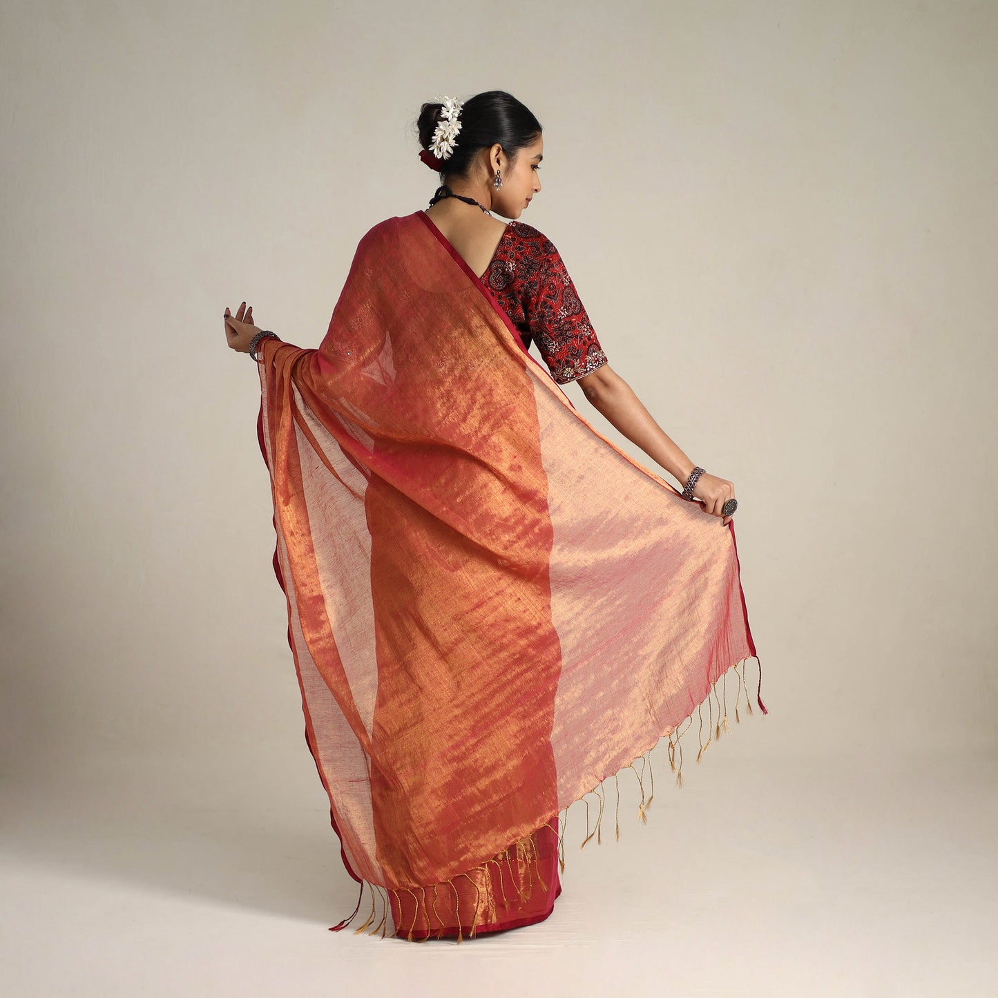 Mul Tissue Zari Red Bengal Saree with Embroidered Blouse