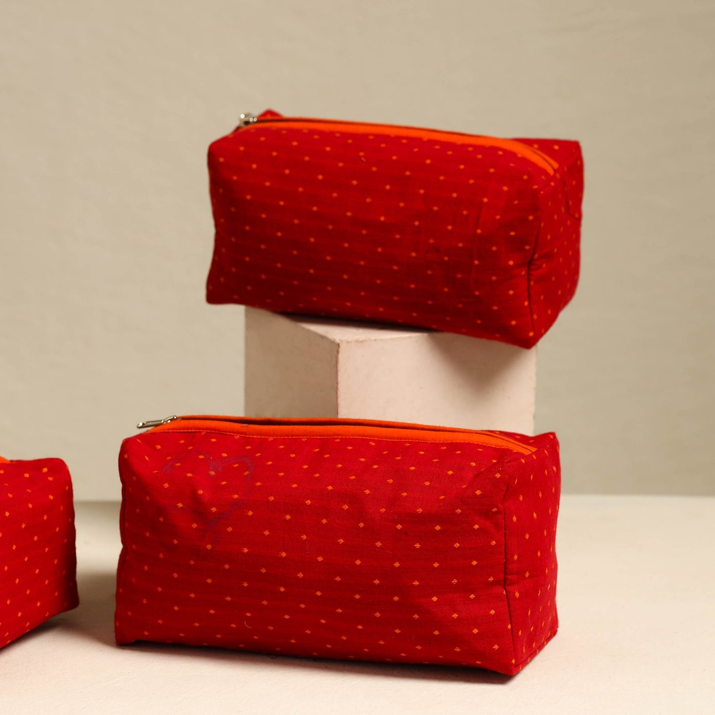 Red Handmade Cotton Toiletry Bags (Set of 3)