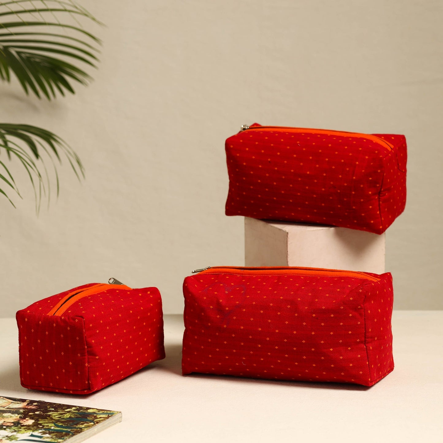 Red Handmade Cotton Toiletry Bags (Set of 3)