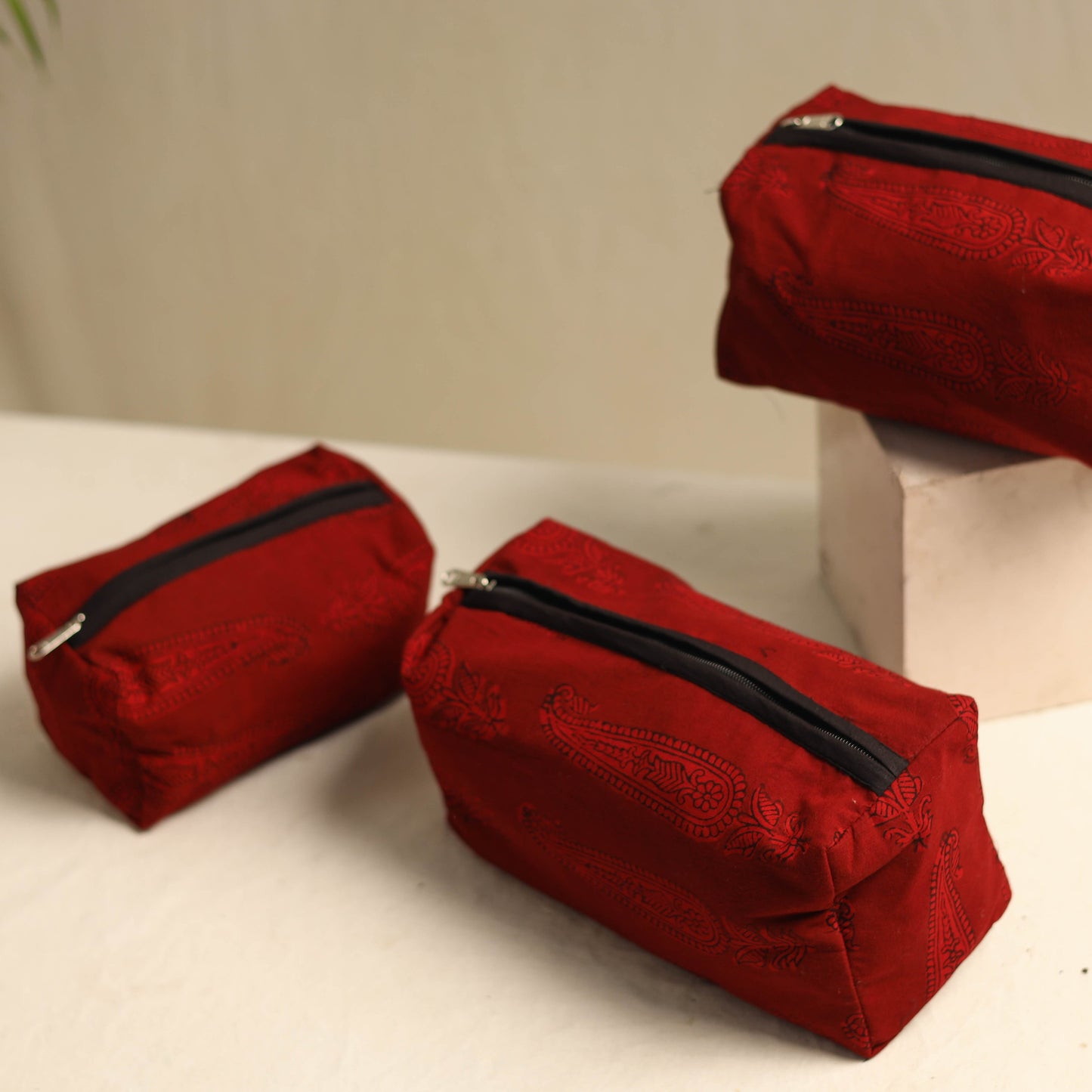 Red Multipurpose Handmade Toiletry Bags (Set of 3)