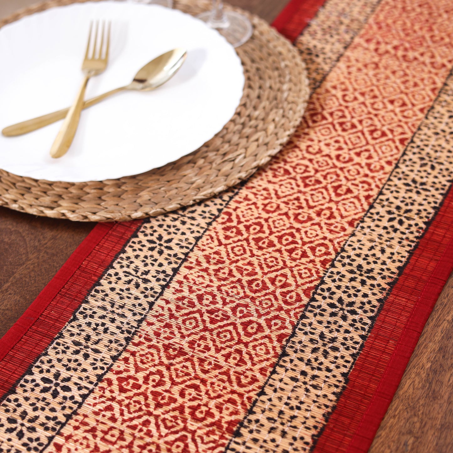 Red Natural Bamboo Bagh Block Printed Dining Table Runner