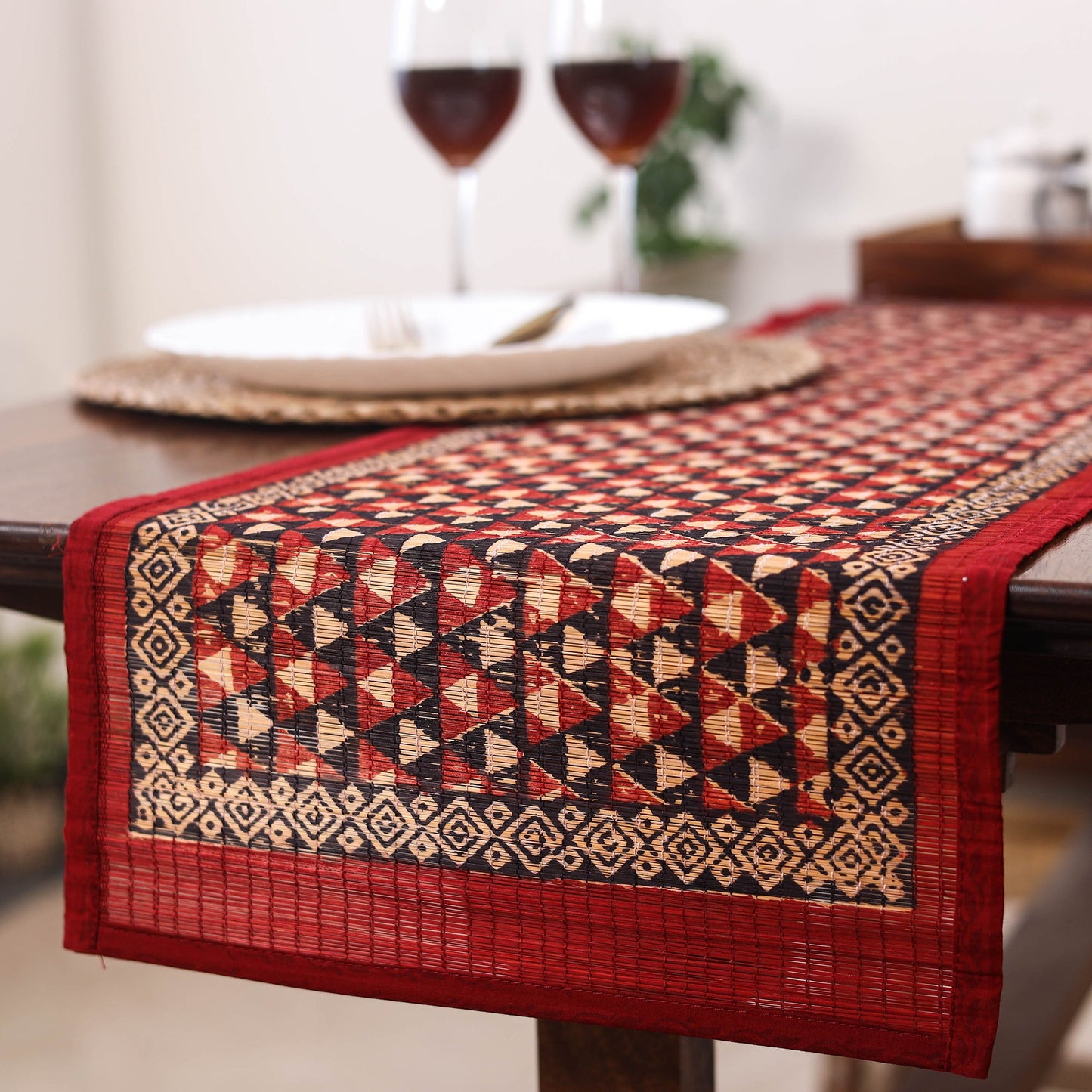 Red Natural Bamboo Bagh Block Printed Dining Table Runner