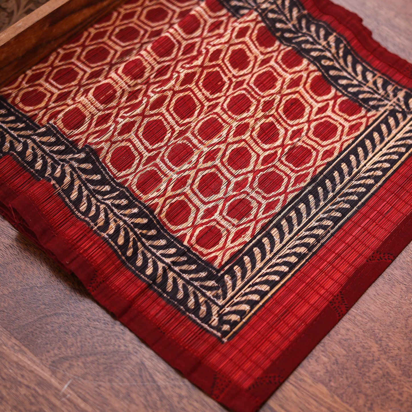 Red Natural Bamboo Bagh Block Printed Dining Table Runner