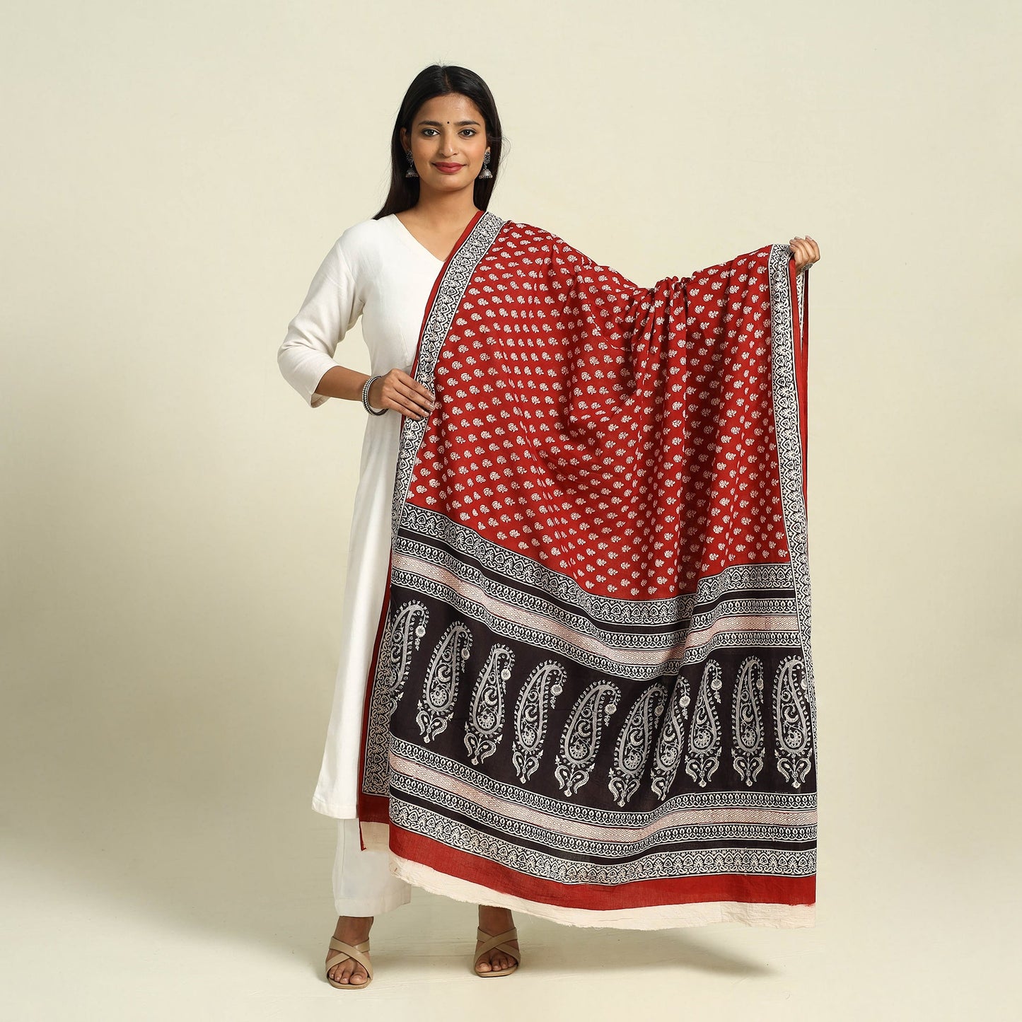 Red Natural Dye Mul Cotton Bagh Print Dupatta
