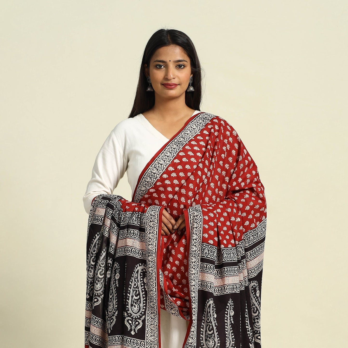 Red Natural Dye Mul Cotton Bagh Print Dupatta