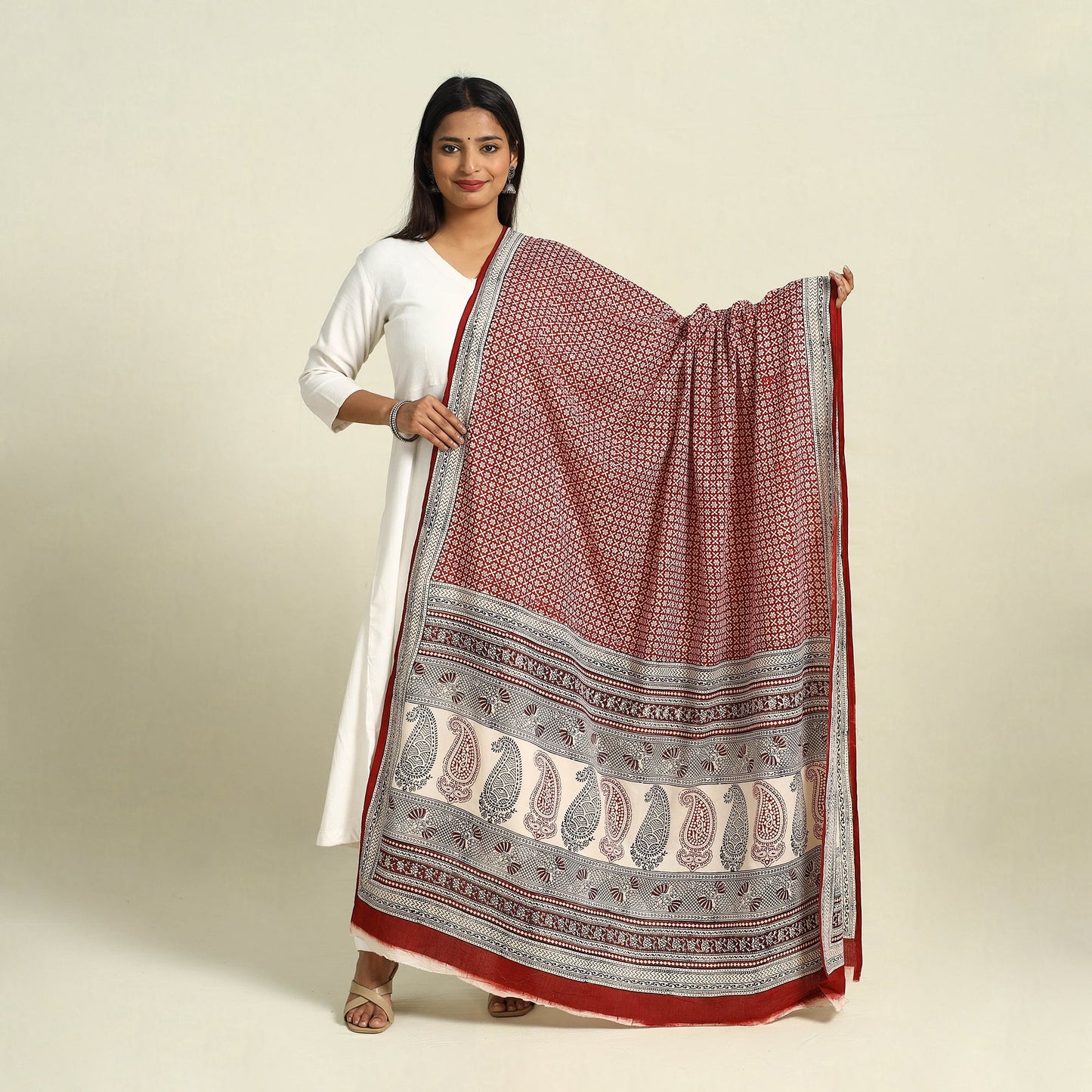 Red Natural Dye Mul Cotton Bagh Print Dupatta