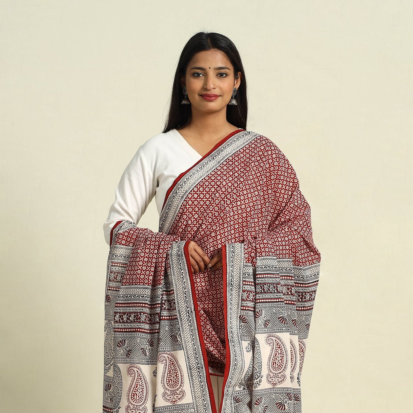 Red Natural Dye Mul Cotton Bagh Print Dupatta