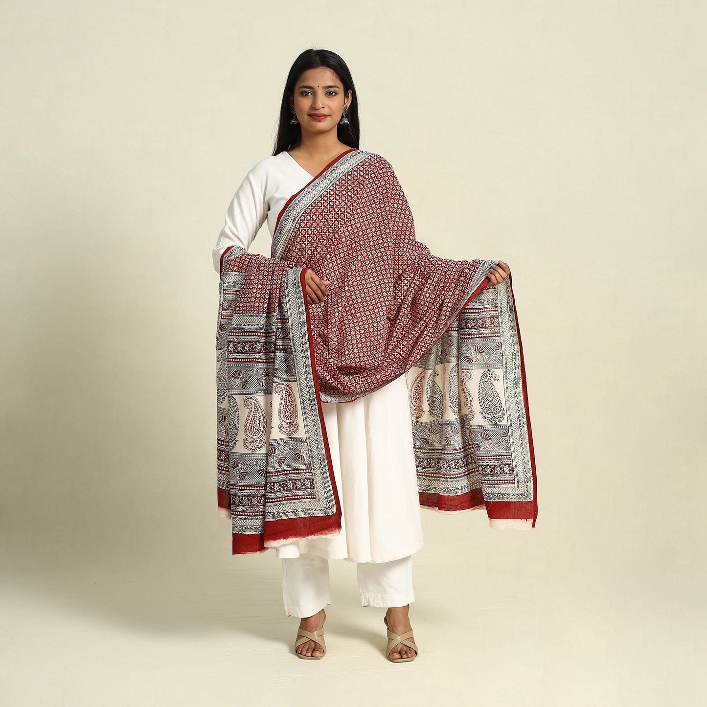 Red Natural Dye Mul Cotton Bagh Print Dupatta