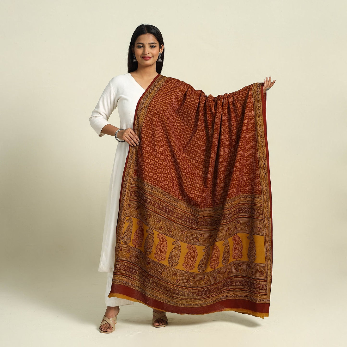 Red Natural Dye Mul Cotton Bagh Print Dupatta