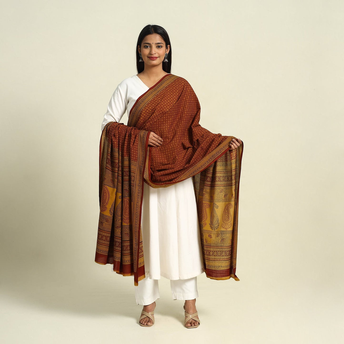 Red Natural Dye Mul Cotton Bagh Print Dupatta