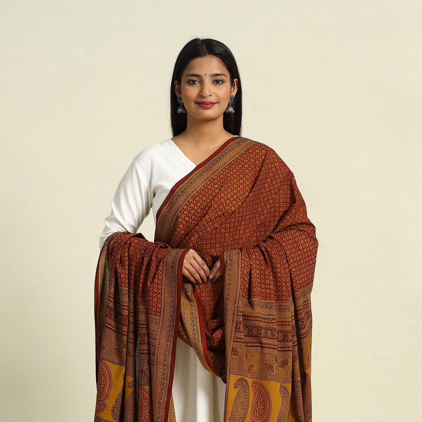Red Natural Dye Mul Cotton Bagh Print Dupatta
