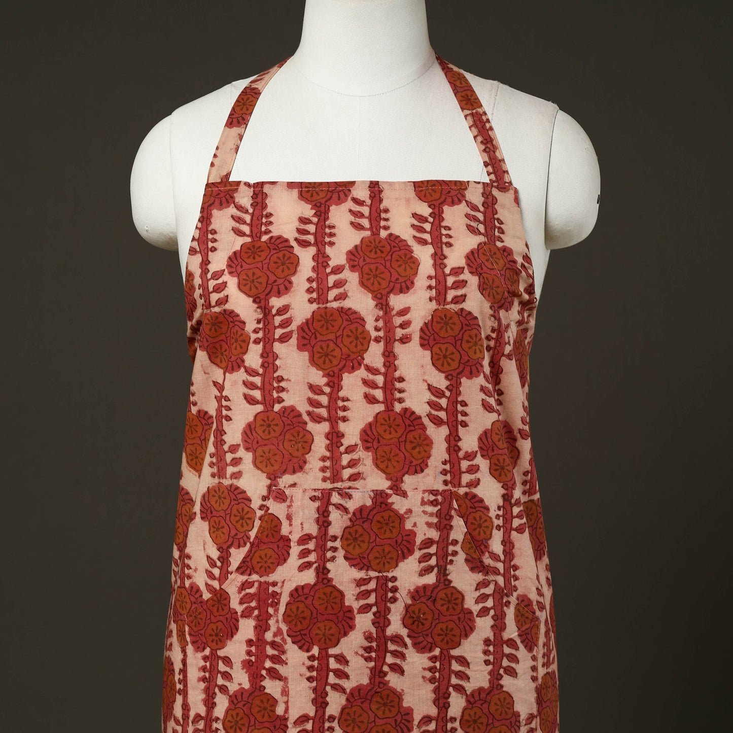 Red Bagru Block Print Cotton Apron with Pocket