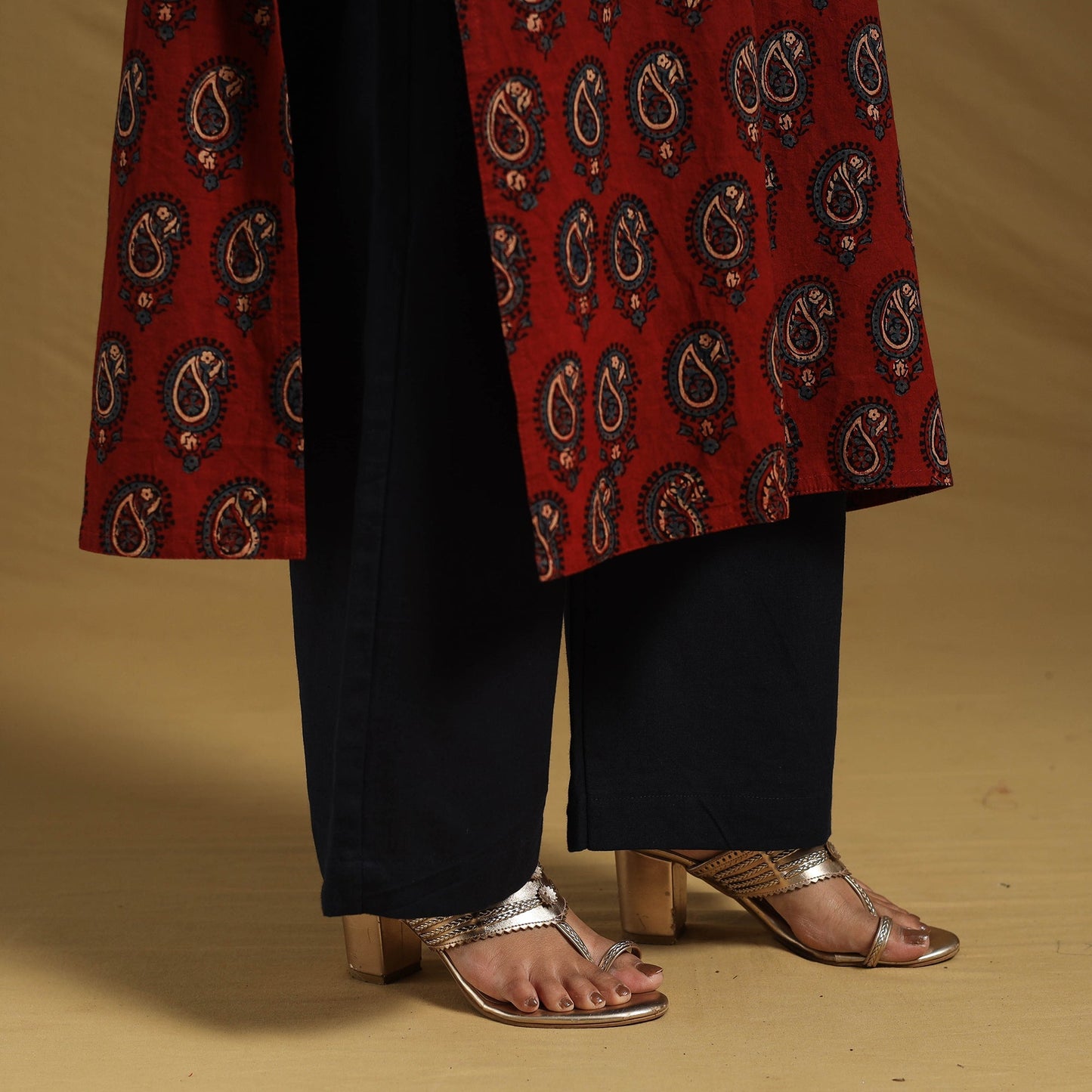 Red Natural Dyed Block Print Cotton Ajrakh Kurta Set (Set of 3)