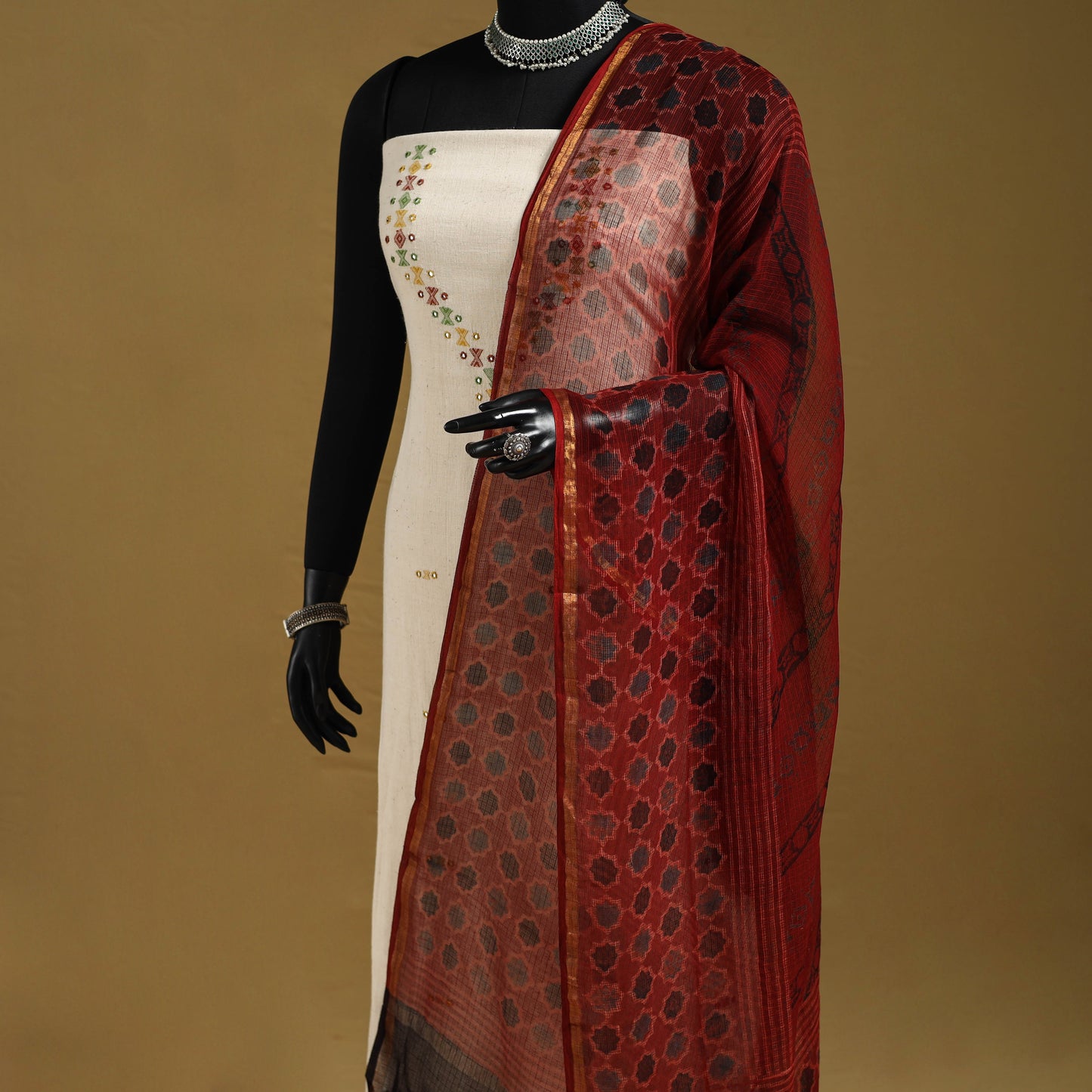 Red - natural dyed kota doria cotton dupatta 06