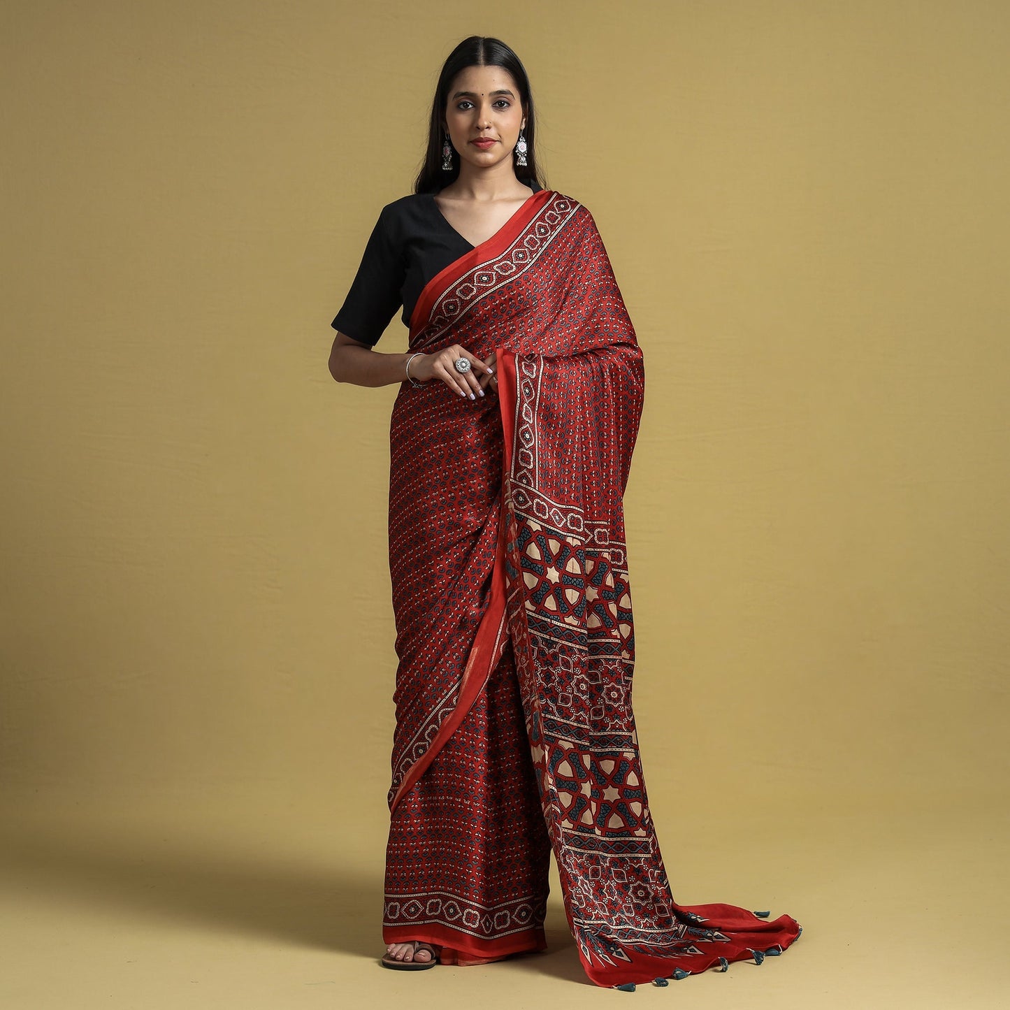 Natural Dyed Block Print Modal Silk Ajrakh Saree