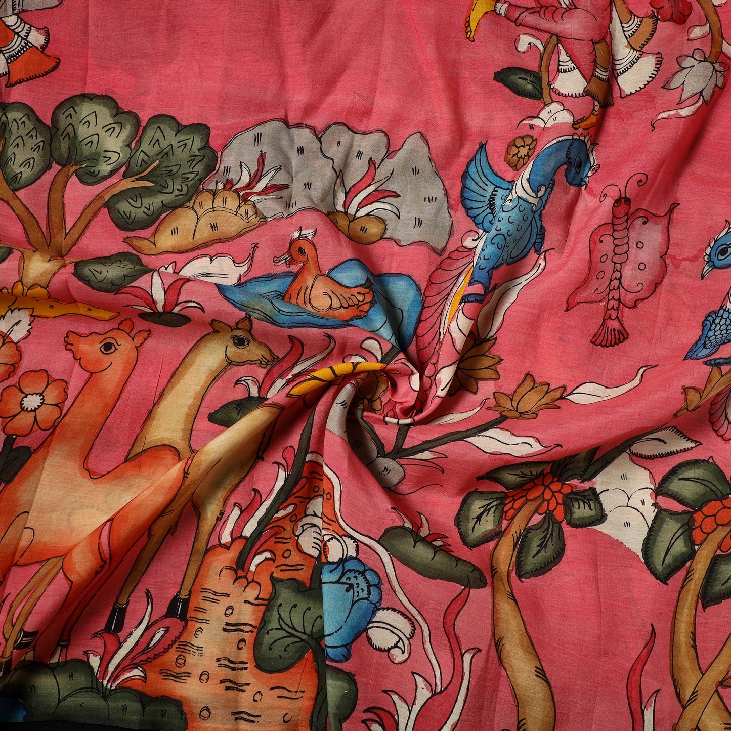 Red - natural dyed chanderi silk handpainted srikalahasti