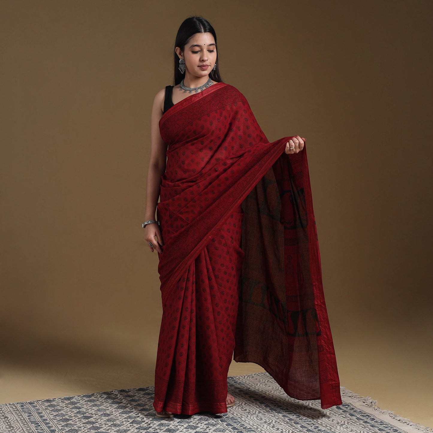 Red Block Print Natural Dyed Cotton Bagh Saree