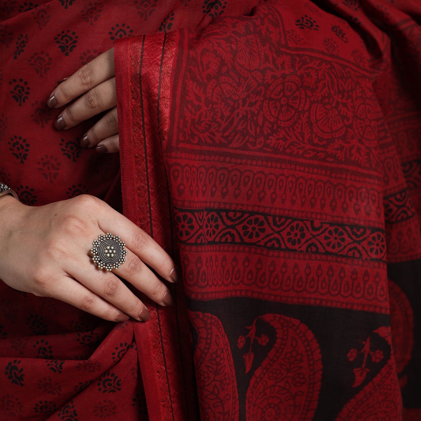 Red Block Print Natural Dyed Cotton Bagh Saree