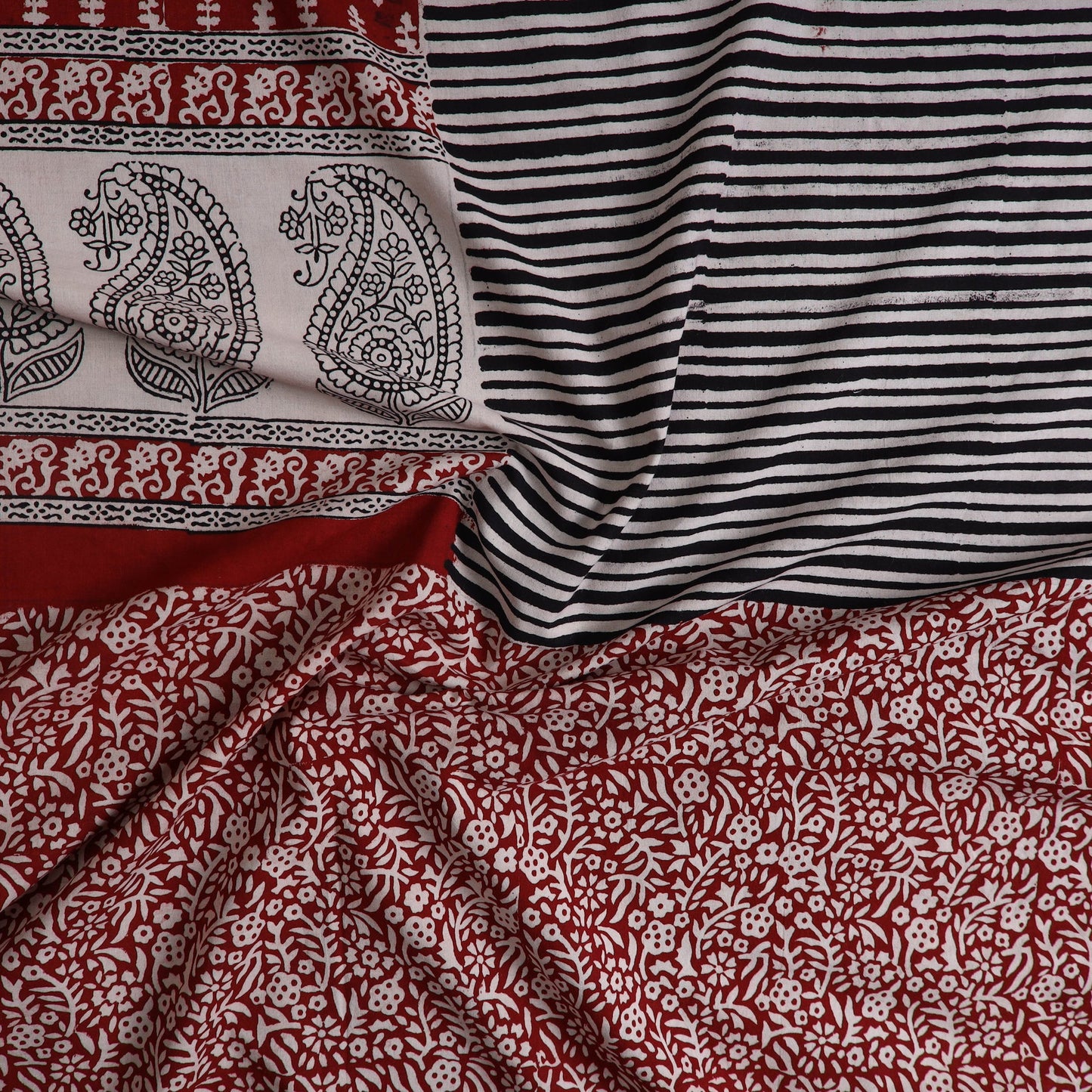 Red Natural Dyed Cotton Bagh Print Kurta Material