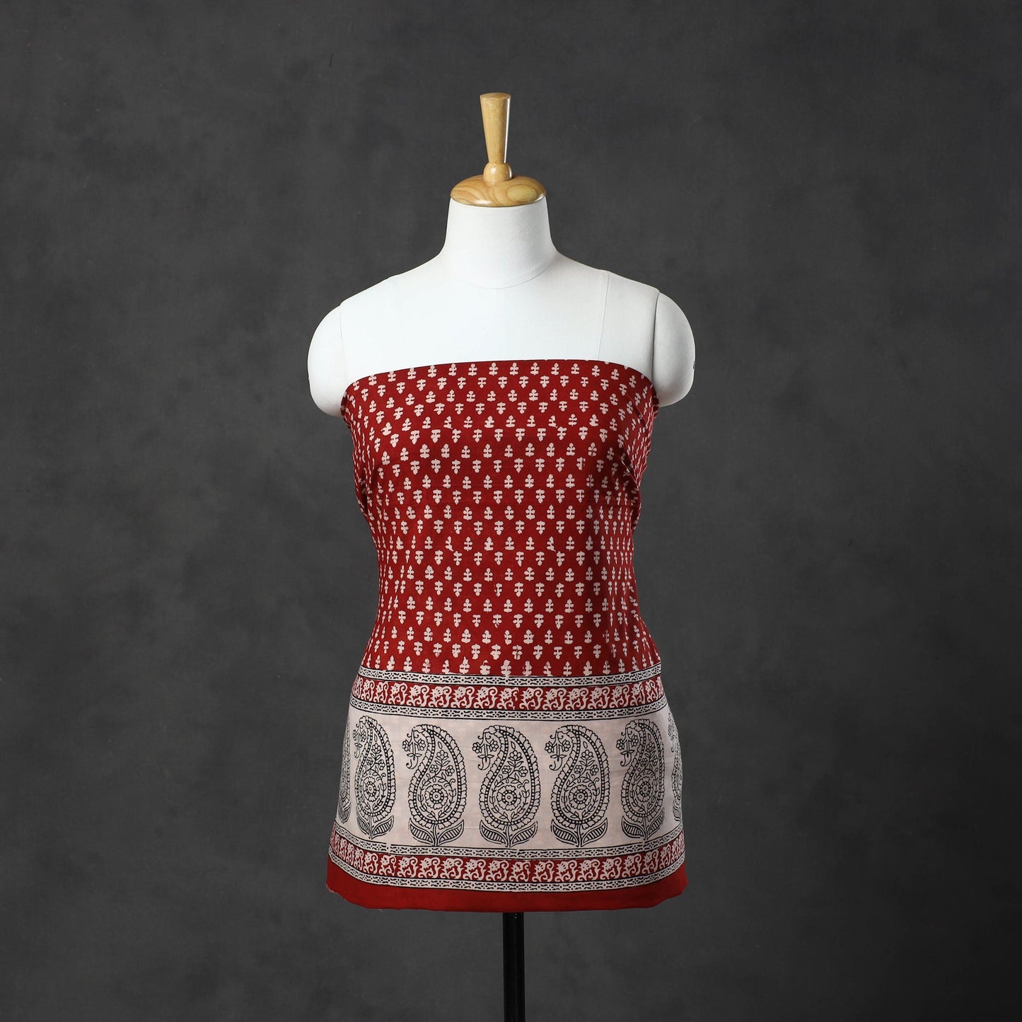 Red Natural Dyed Cotton Bagh Print Kurta Material