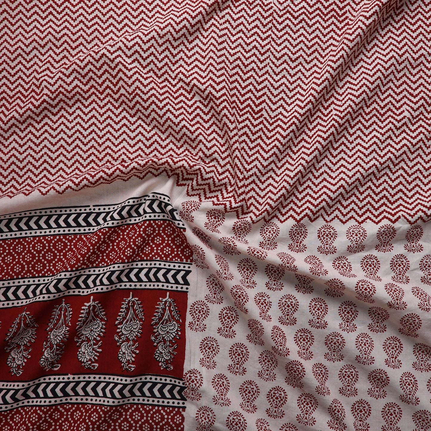 Red Natural Dyed Cotton Bagh Print Kurta Material
