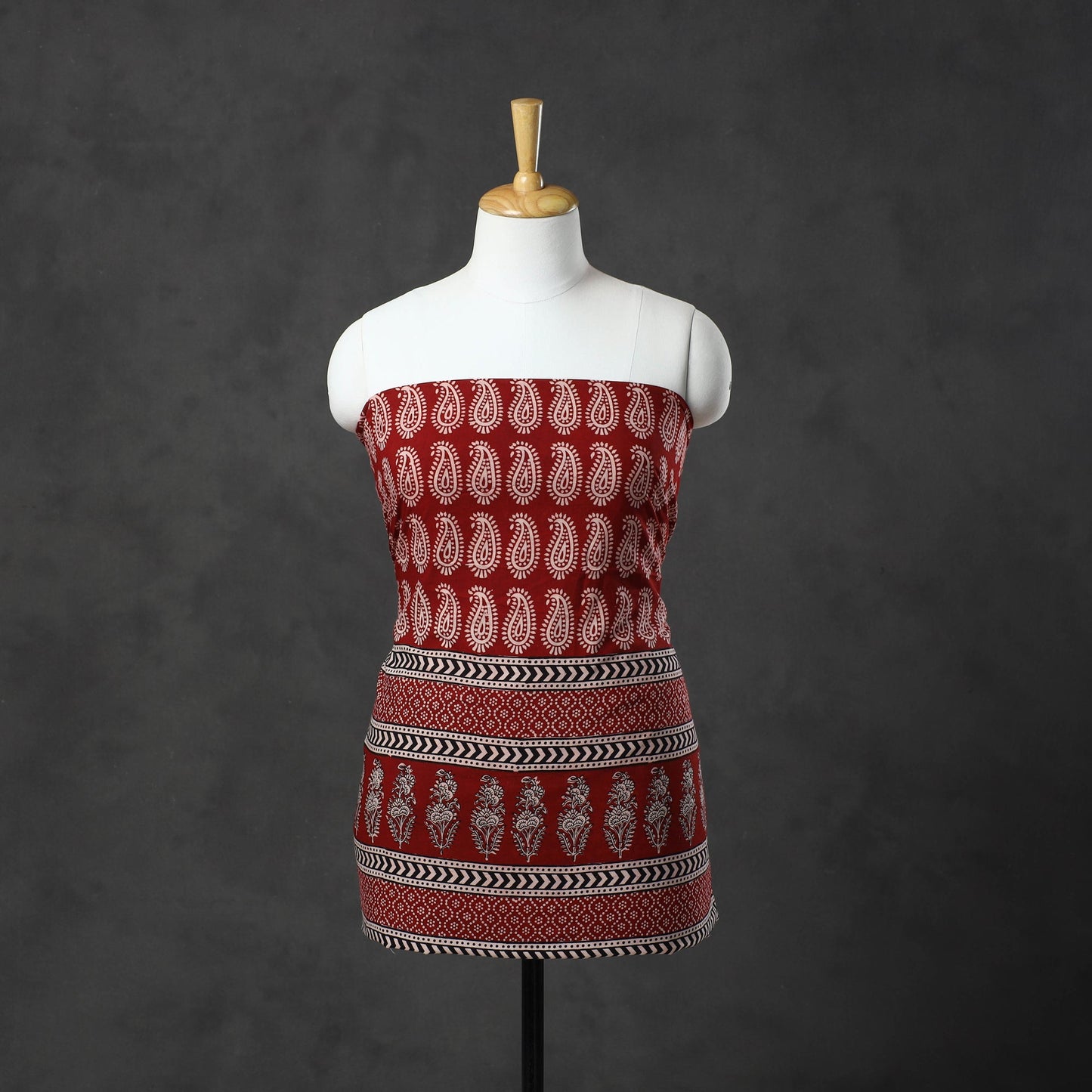 Red Natural Dyed Cotton Bagh Print Kurta Material
