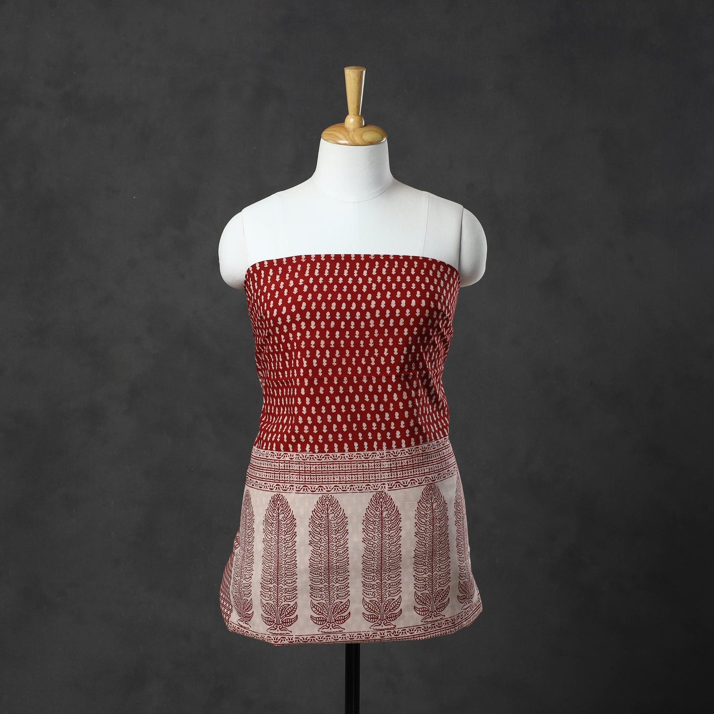 Red Natural Dyed Cotton Bagh Print Kurta Material