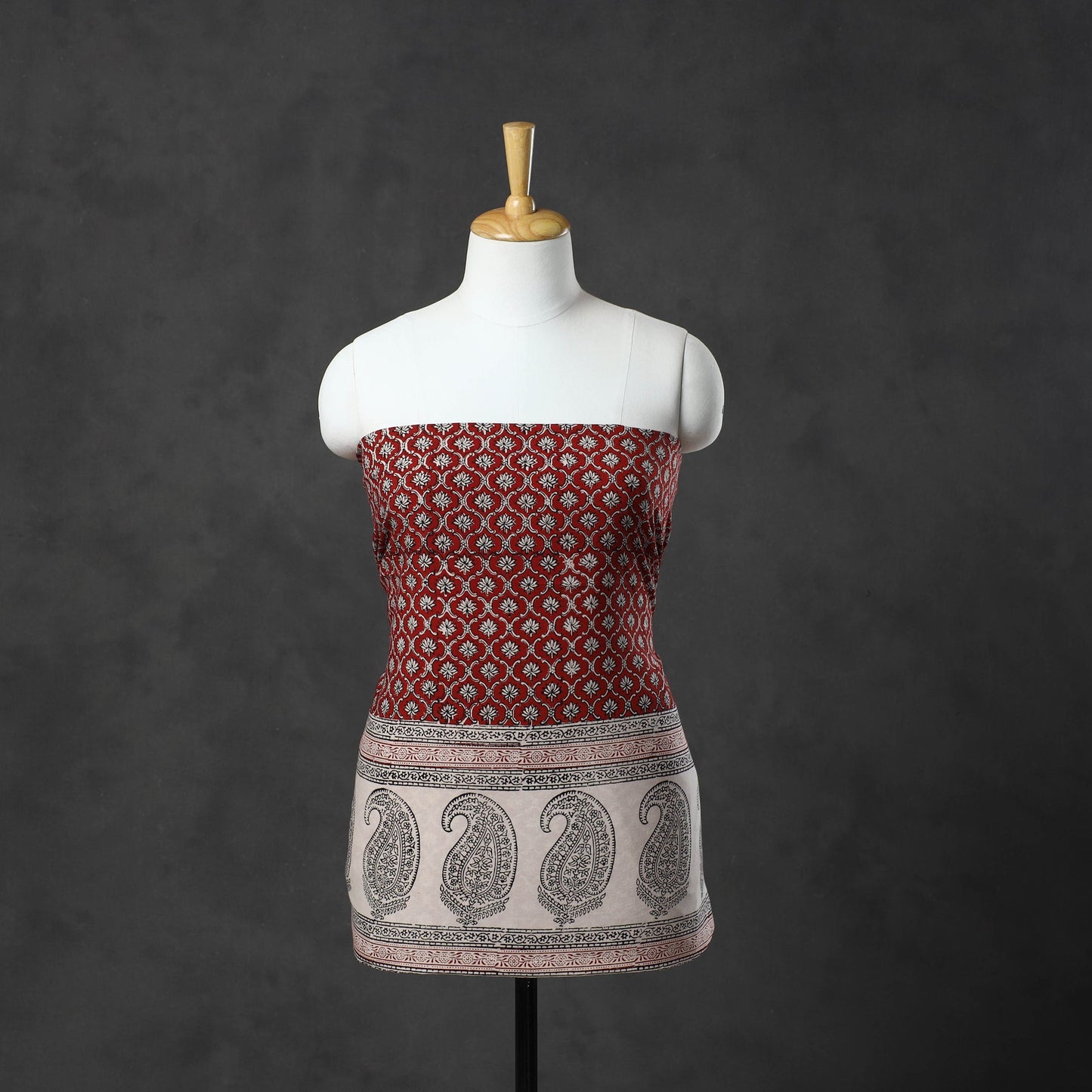 Red Natural Dyed Cotton Bagh Print Kurta Material