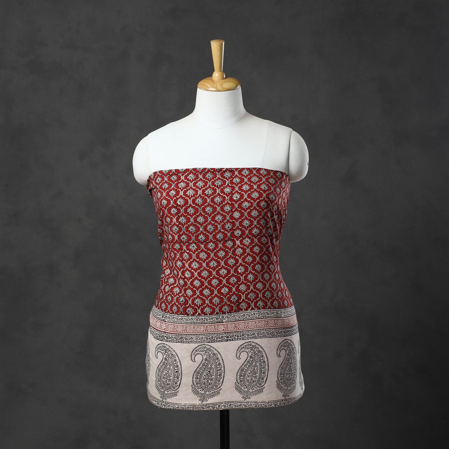 Red Natural Dyed Cotton Bagh Print Kurta Material