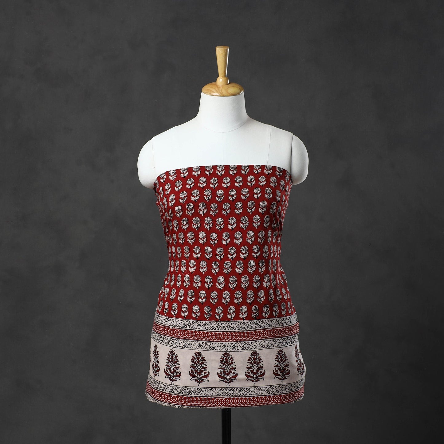 Red Natural Dyed Cotton Bagh Print Kurta Material