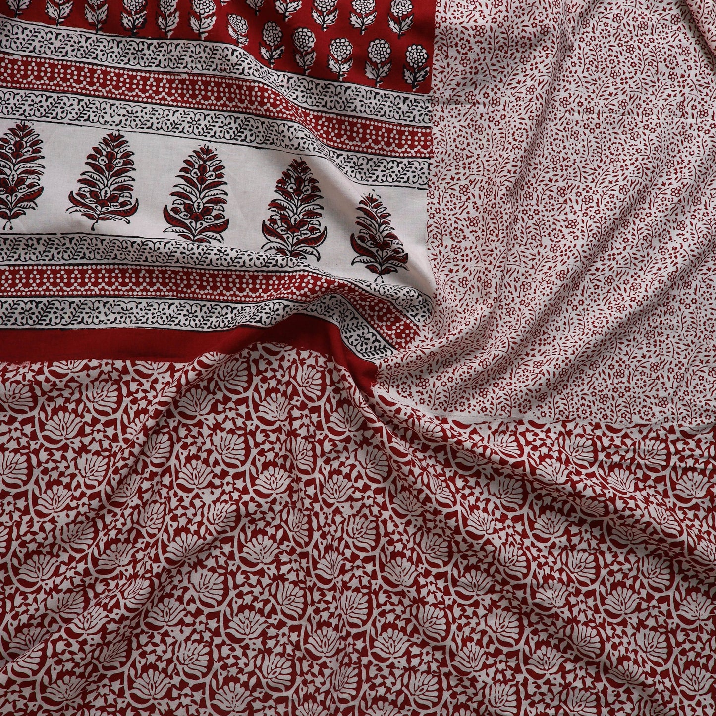 Red Natural Dyed Cotton Bagh Print Kurta Material