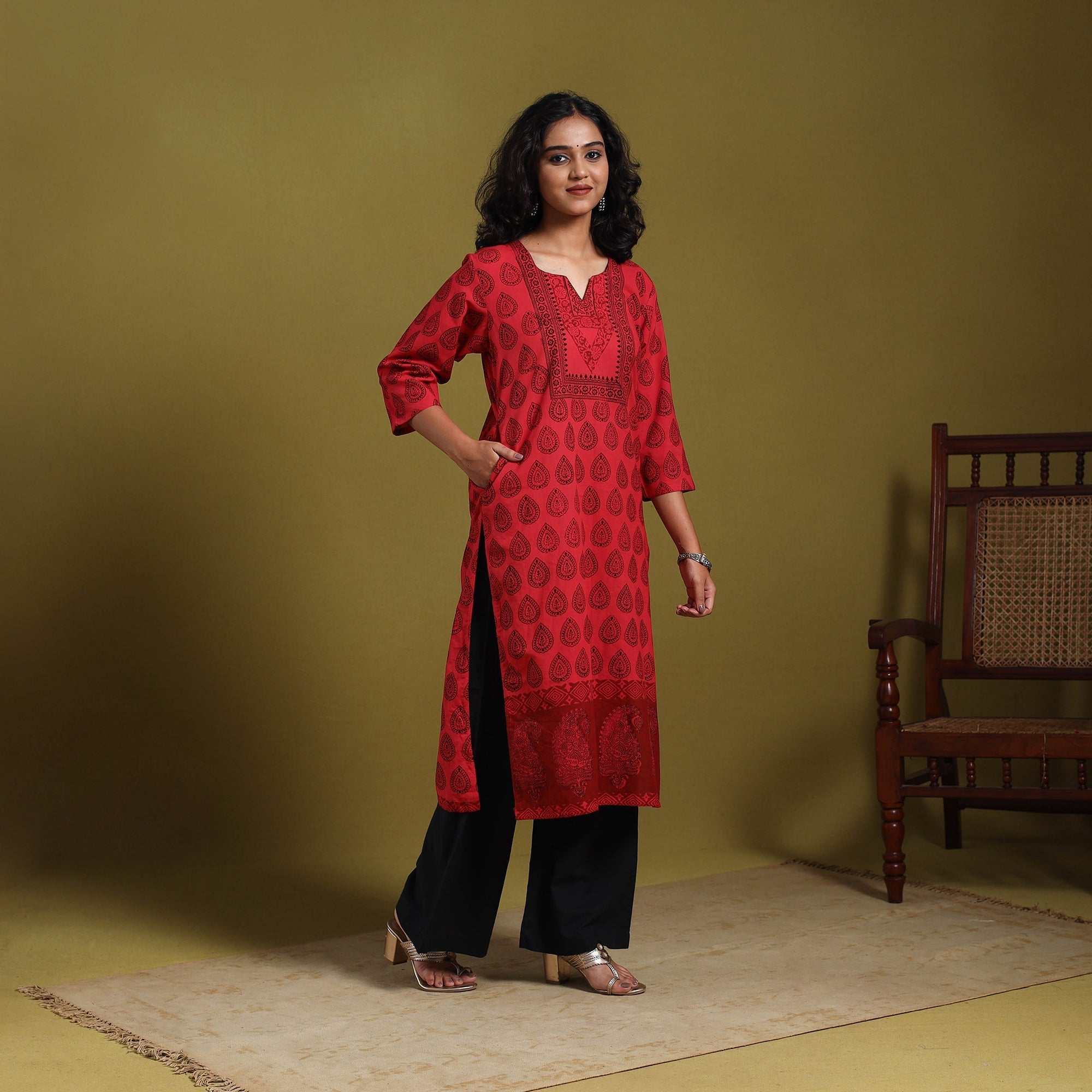 Red - Natural Dyed Cotton Straight Bagh Print Kurta 03