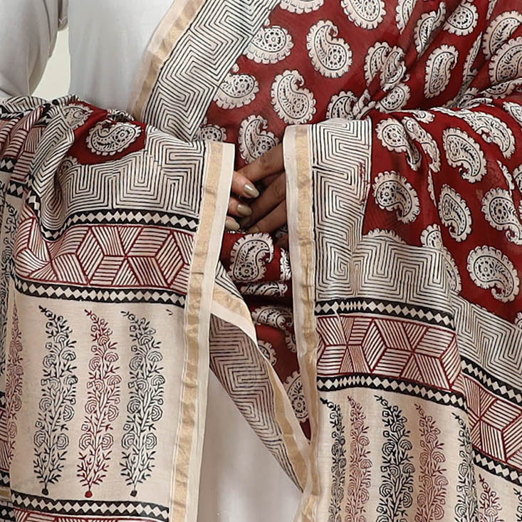 Red Natural Dyed Hand Block Print Chanderi Silk Bagh Dupatta